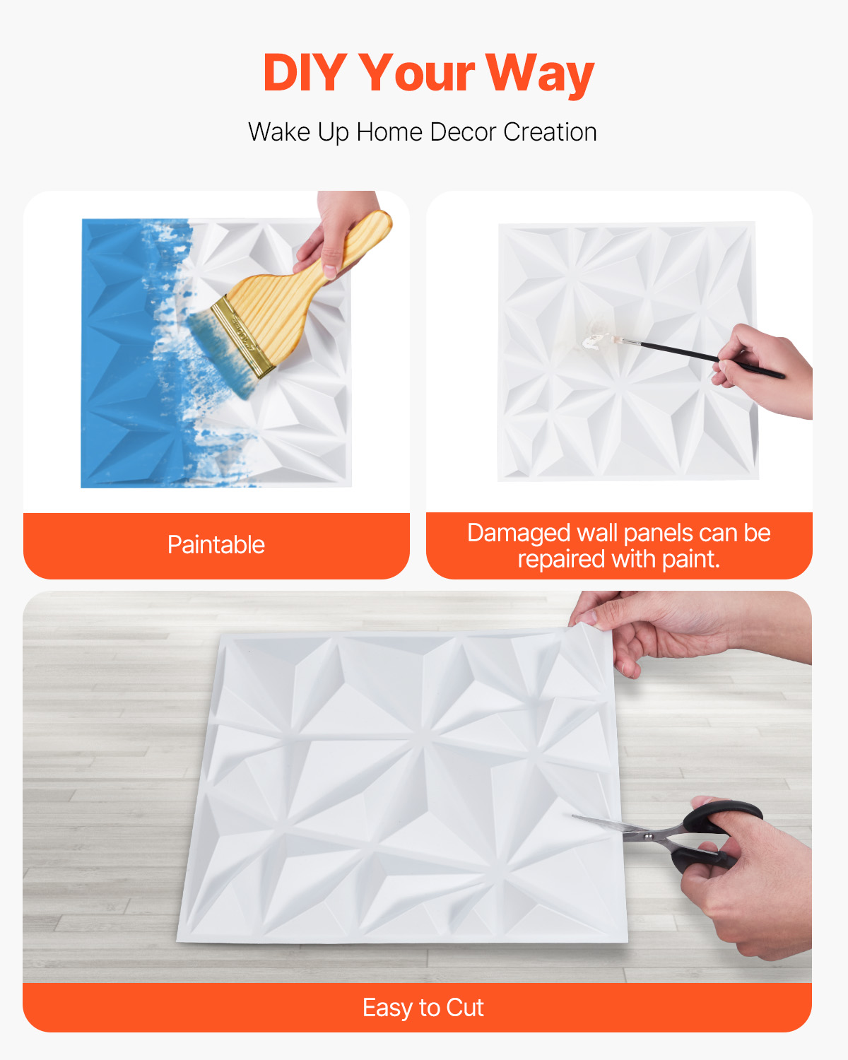 Panneaux muraux VEVOR 3D,33 carreaux diamant PVC 11,81 x 11,81 po,couverture 32 pi²,pour plafond,chambre,salon et salle de jeux,blanc mat - 3