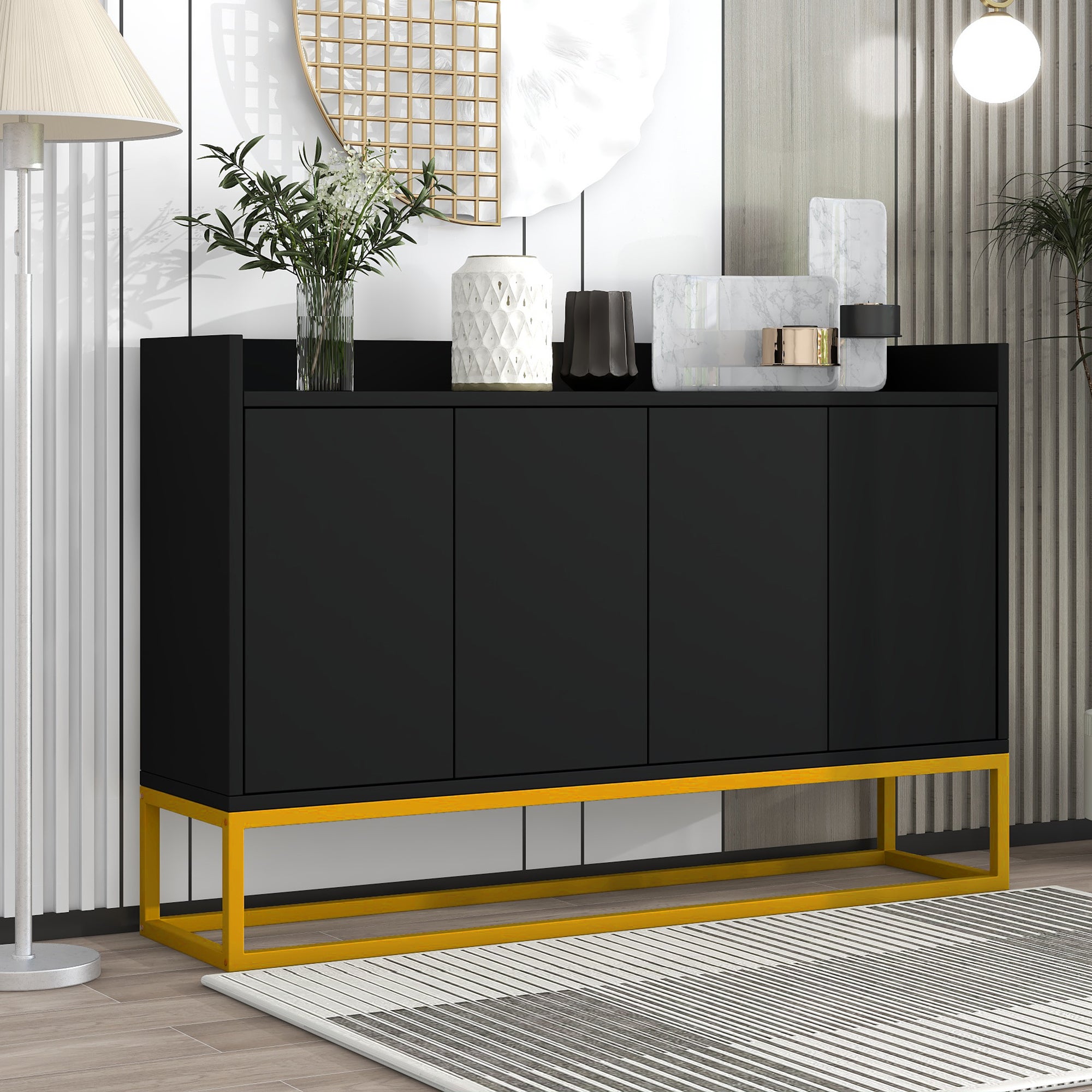Credenza Girevole Con 1 Cassetto, 2 Ante E Ripiani, Nera - Per Sala Da Pranzo E Soggiorno
