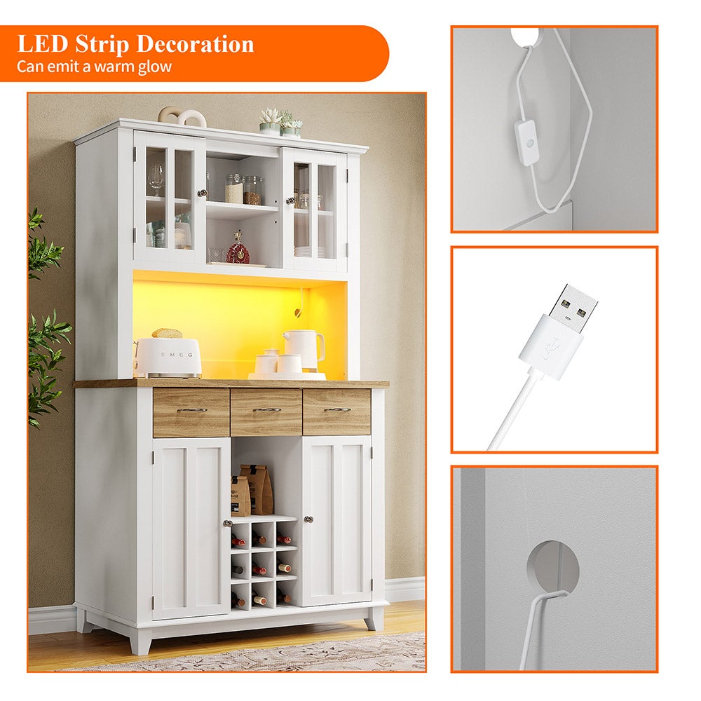 Vaisselier bas de cuisine avec éléments hauts et vitrine Eclairage LED Tablettes réglables Tiroirs bois Blanc - 7