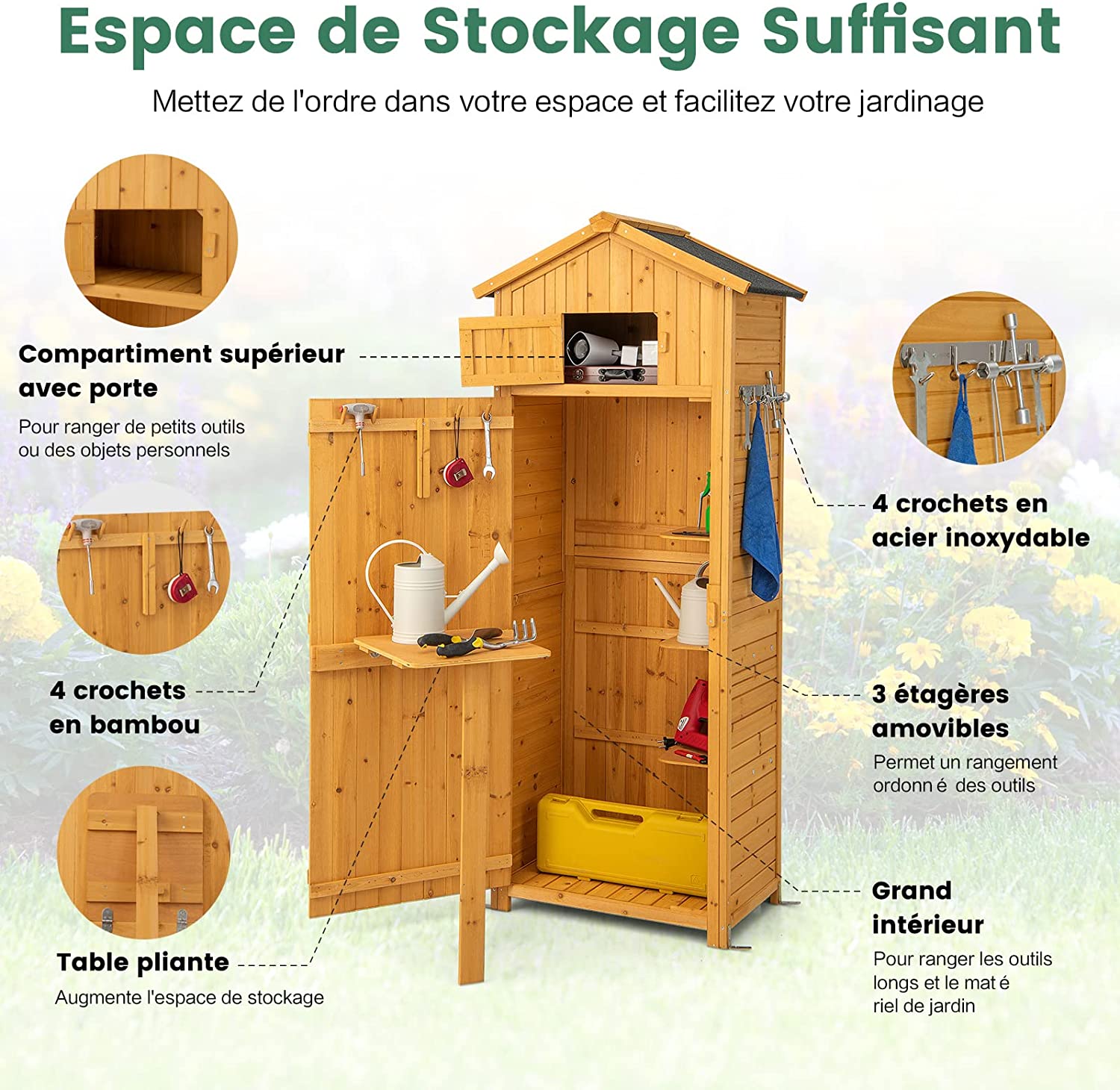 Armadio da Esterno in Legno, Casetta da Giardino con Serratura, Tavolino Pieghevole e Ganci, Capanni da Esterno per Patio, Giardino e Cortile, - 4