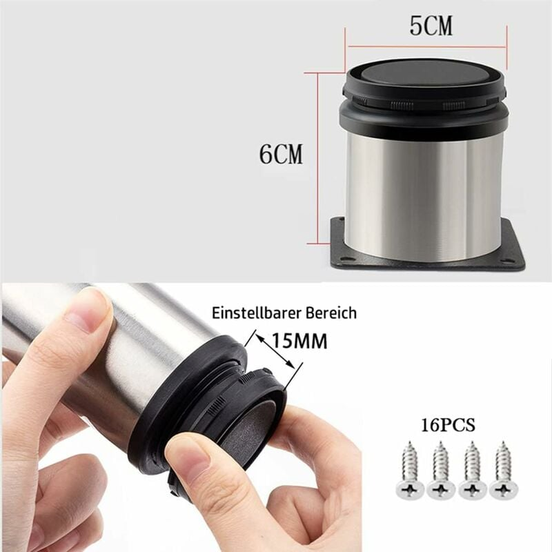 Lot de 4 pieds de meubles réglables en acier inoxydable, 50x60 mm, pieds d'armoire, pieds en métal - 2