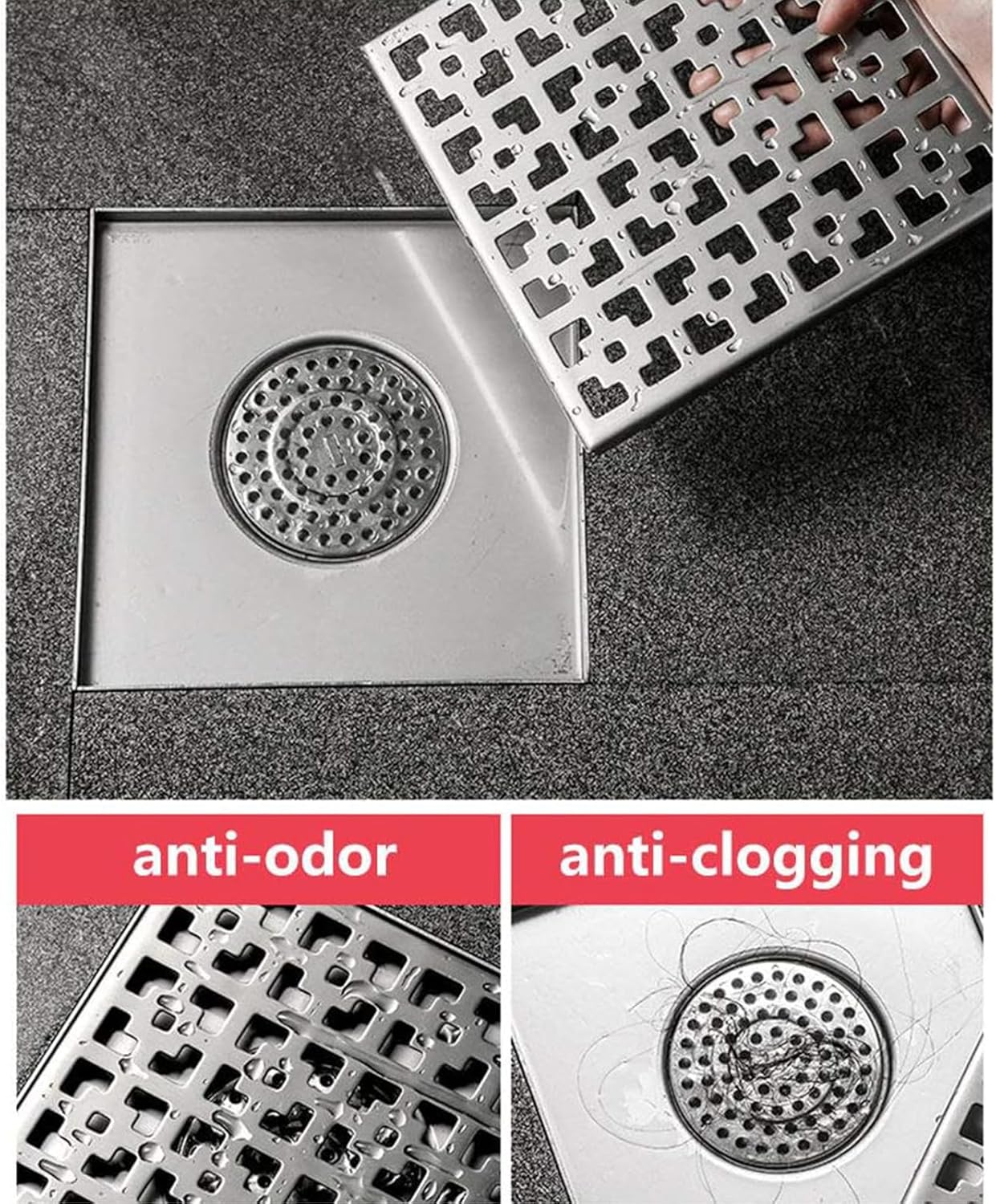 Ralo de pavimento para jardim exterior, com filtro anti-cheiro e filtro de cabelo, prateado – 12 x 12 cm - 5