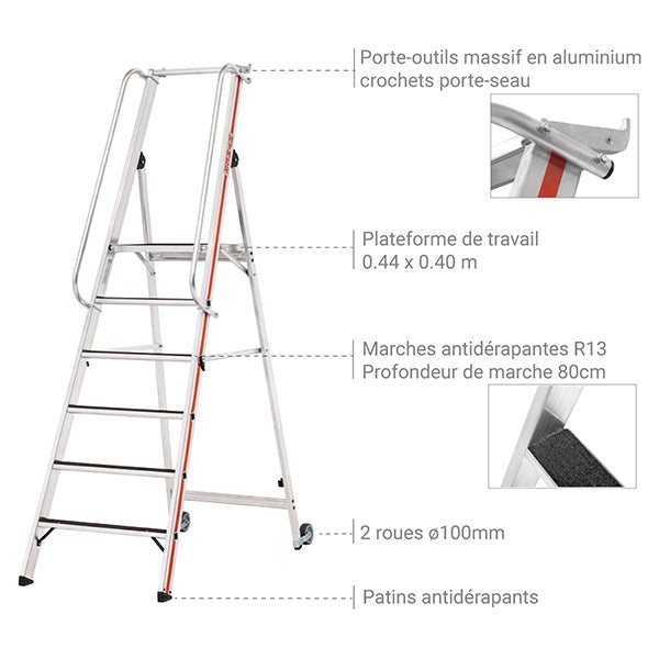 Escabeau grande plateforme 4 marches - Hauteur max de travail 2.95m - 868104 - 3