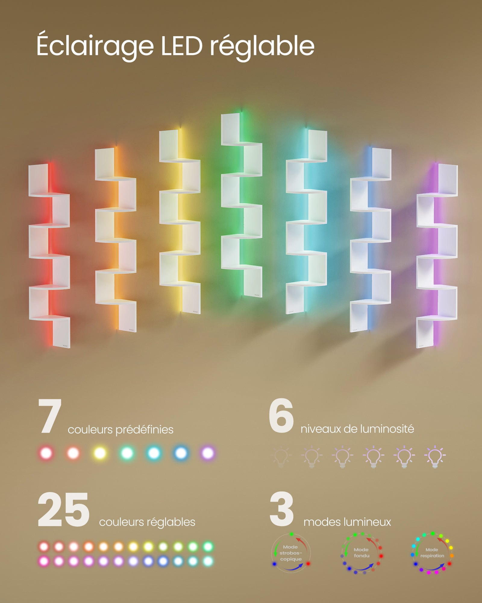 Étagère d’Angle Murale avec Éclairage LED, Bibliothèque Murale à 5 Niveaux, pour Chambre, Salon, Salle de Bain, avec Bouton, Télécommande, Blanc Mat - 3