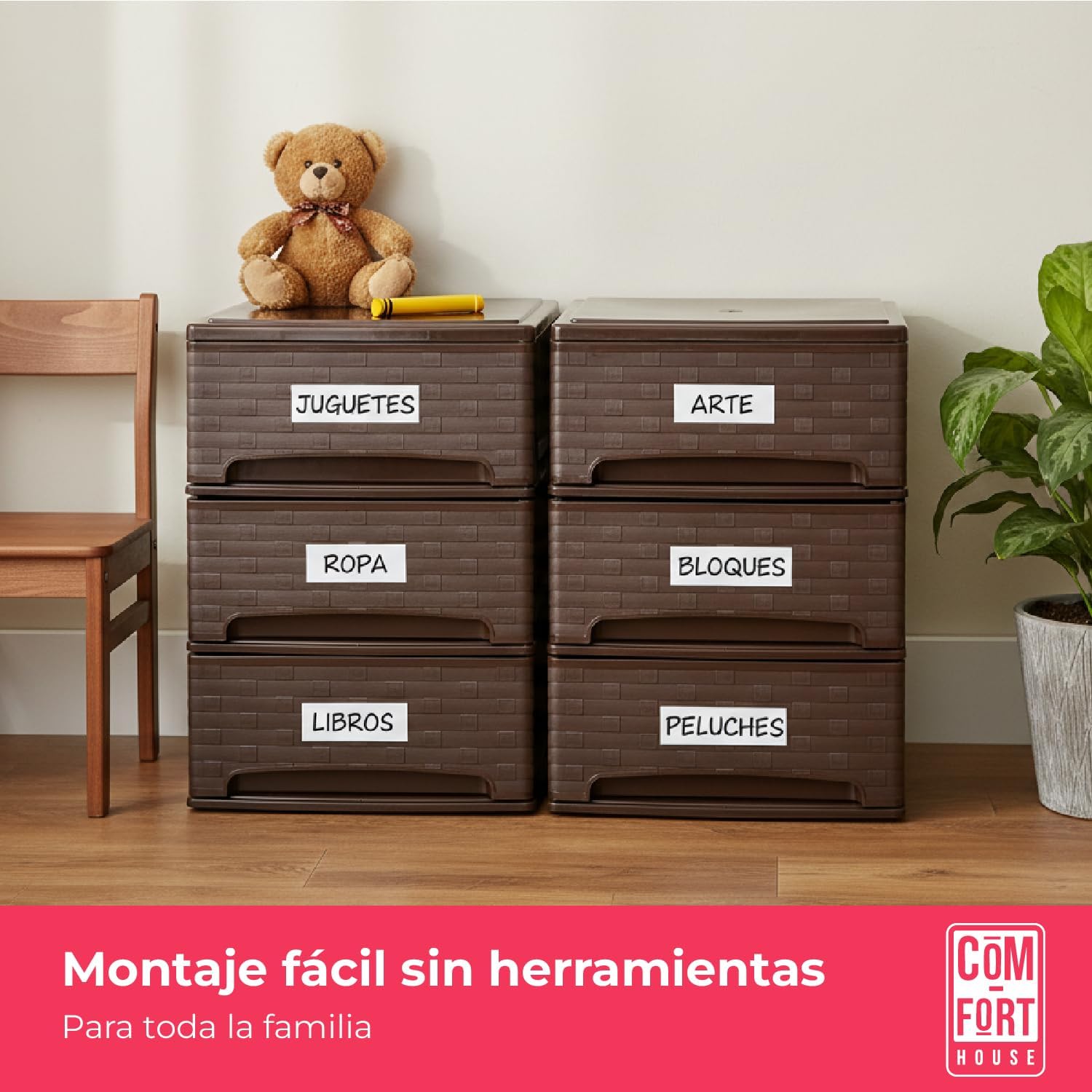 COM-FORT HOUSE | Cajonera Apilable de Plástico | Modelo Bambu | Color Wengue | Modelo de 3 Cajones | Cajones de Almacenamiento Modular - 6