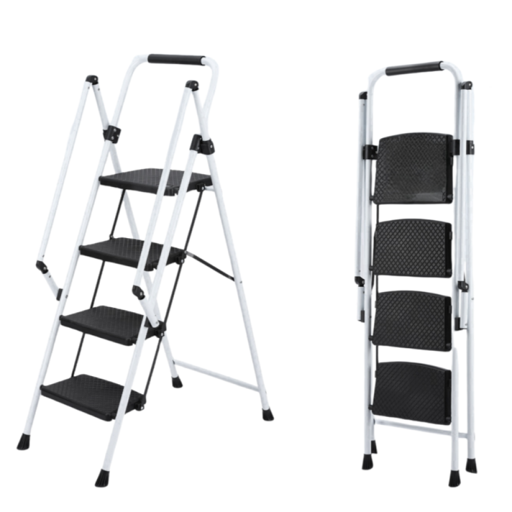 Escabeau pliant 5 marches acier blanc, pédales larges antidérapantes, poignée sécurité, portable 150 kg - 8