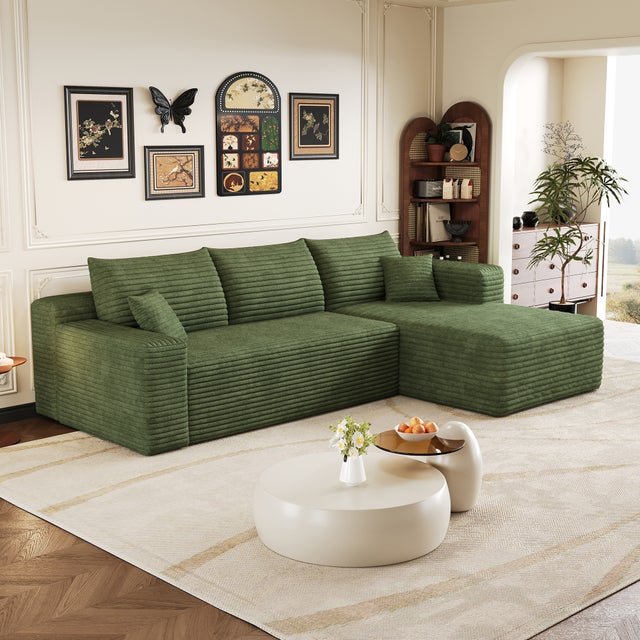 Canapé Modulaire compresse 241x151x58cm avec coussin, Canapé d'Angle Côté droit Velours Côtelé avec méridienne, Assise Profonde,Canapé 3 Places Vert
