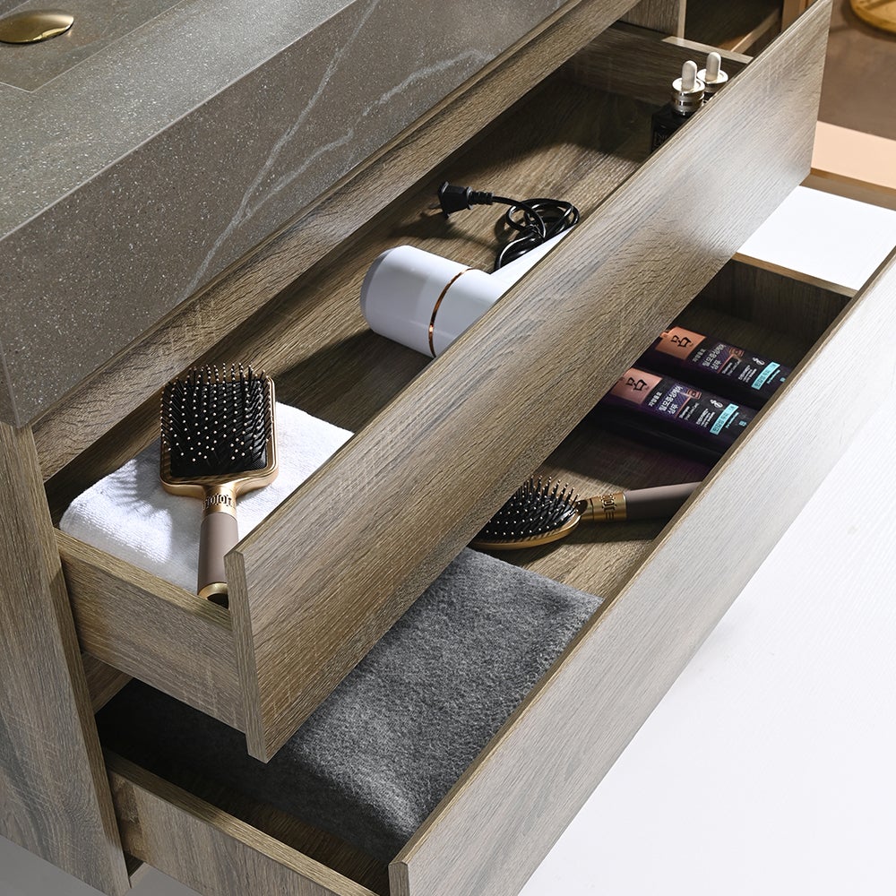 Meuble salle de bain double vasque 120cm bois et effet marbre marron avec miroir LED LB-8512M-120 - 6