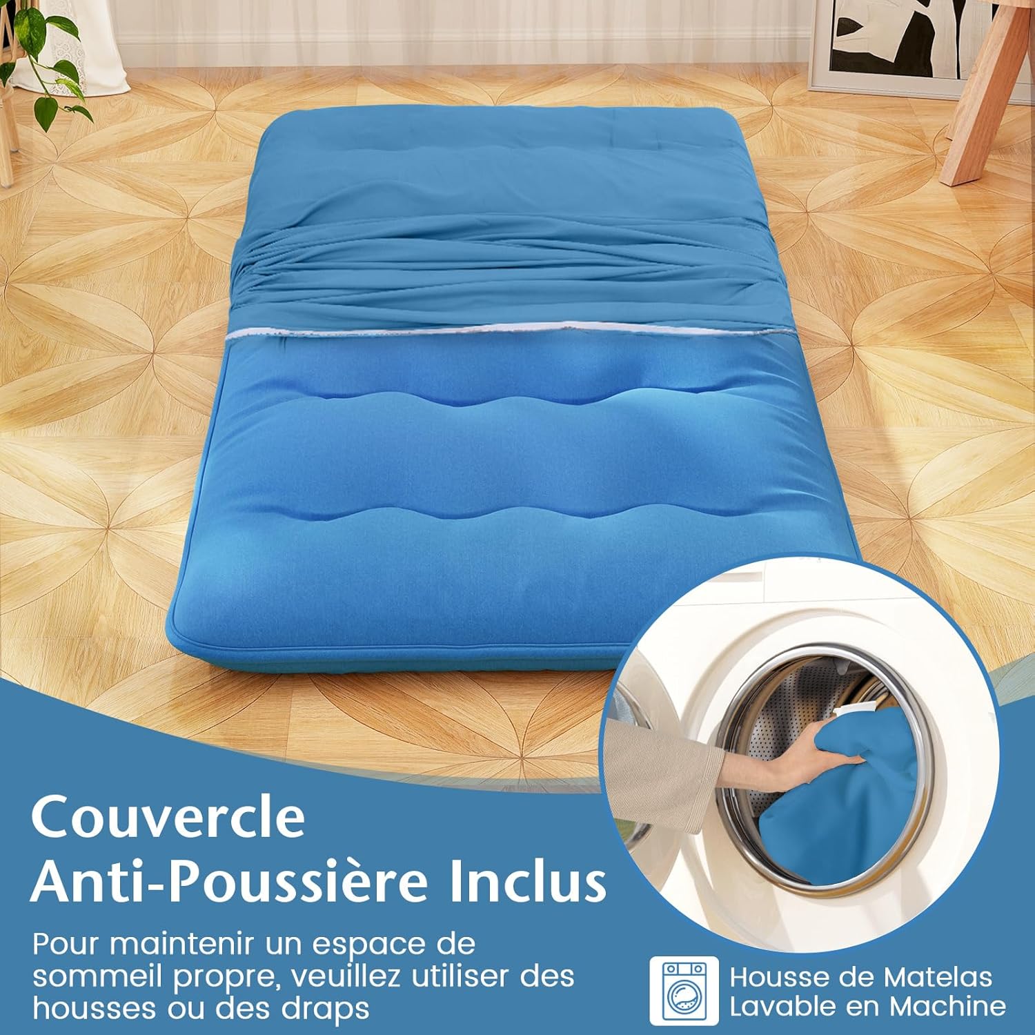 Matelas Futon Japonais 1 Personne 90x200CM, Lit de Couchage Enroulable de Sol Pliable et Portable avec Sac de Transport pour Camping, Voyages, Bleu - 5