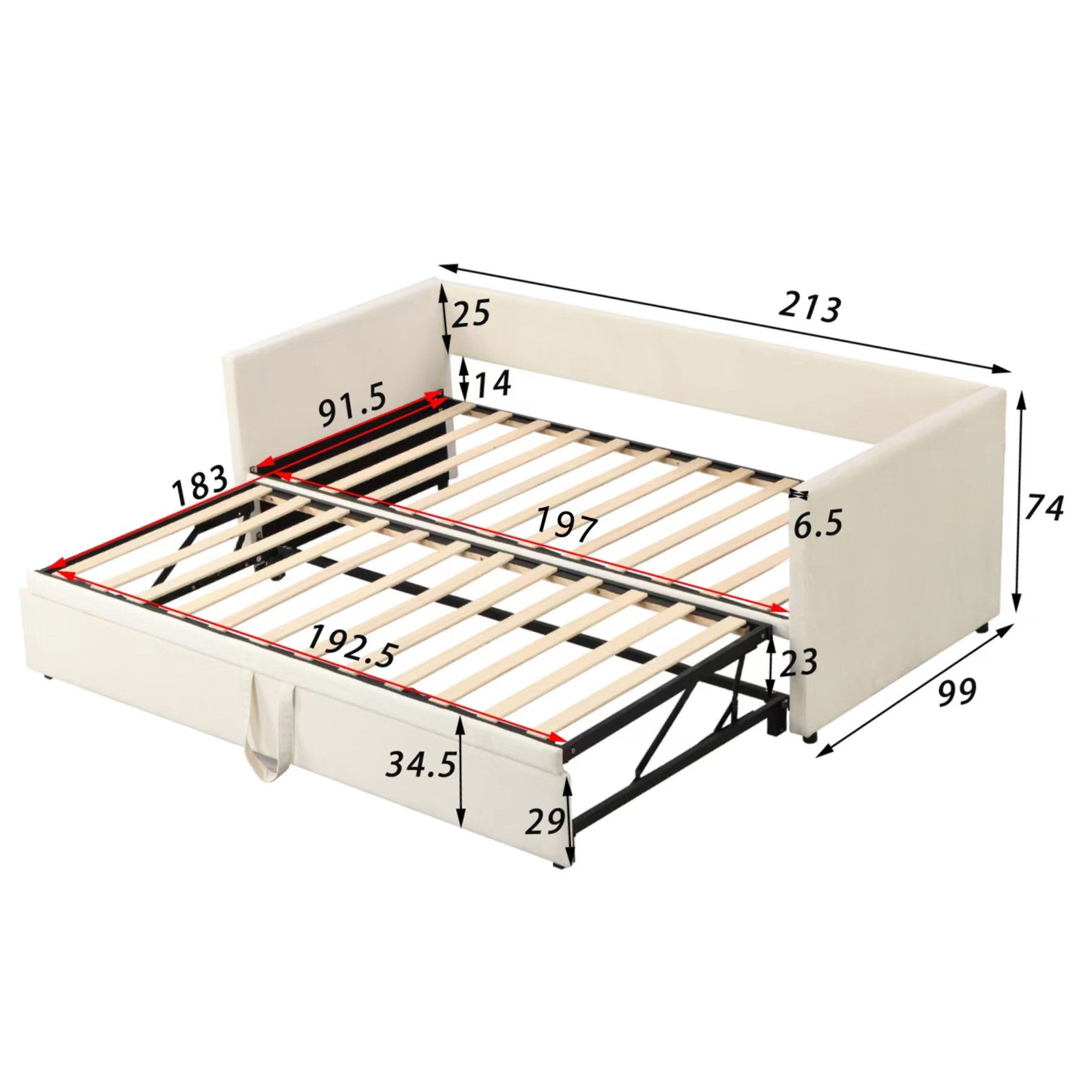 Canapé convertible lit 90/180x200 cm, avec lit gigogne, sommier à lattes, structure métallique, revêtement en velours, lit double - Beige - 9