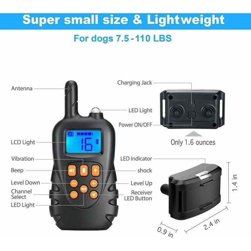 Collar de adiestramiento para perros, antiladridos, con control remoto de 600 metros, IPX7, resistente al agua, receptor recargable con 3 modos de vib - 2