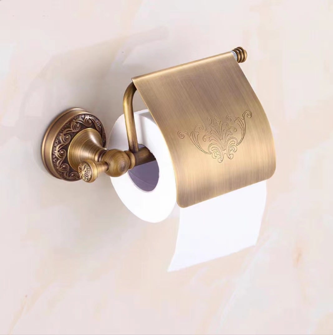 Uchwyt na papier toaletowy z pokrywką, wysokiej jakości mosiądz z rzeźbioną podstawą w stylu antycznym, kolor brązowy, praktyczny uchwyt na papier to