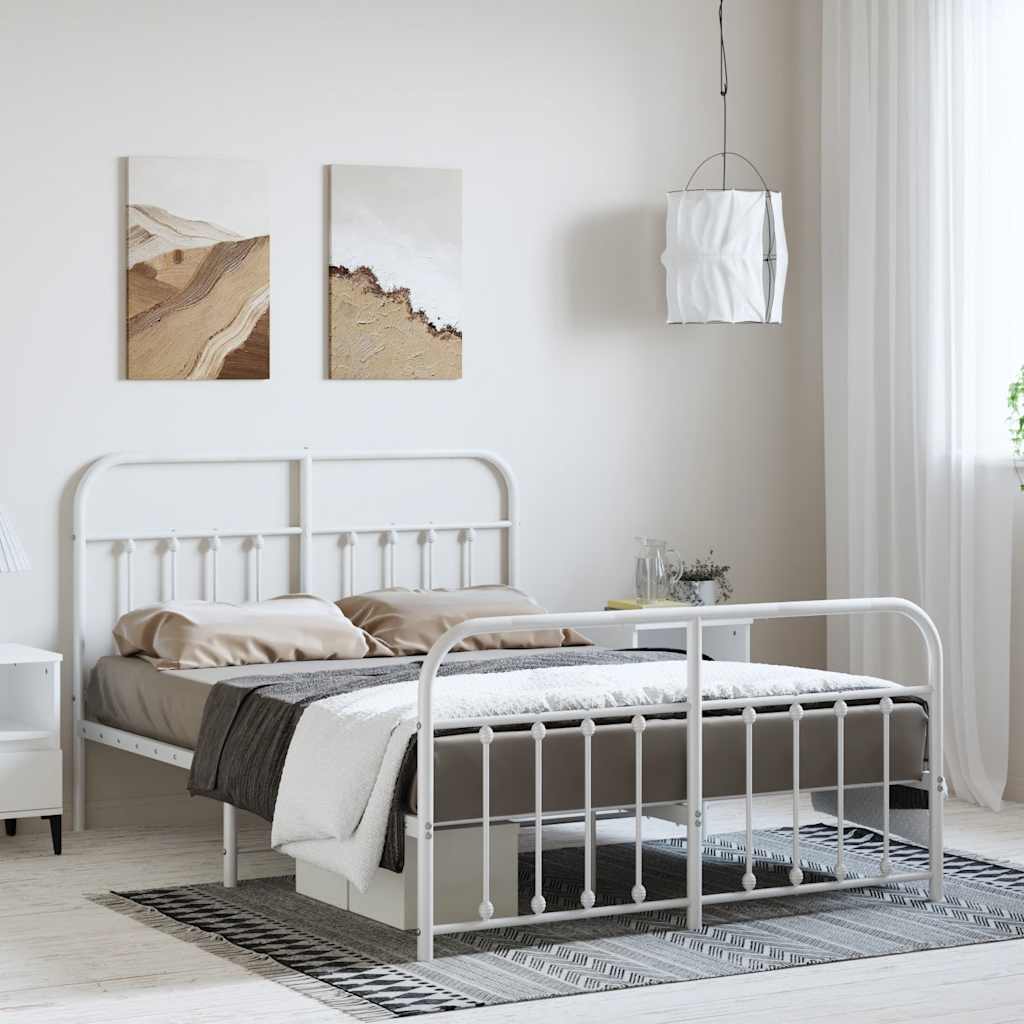 Metalowa rama łóżka z wezgłowiem i zanóżkiem, biała, 135x190 cm vidaXL