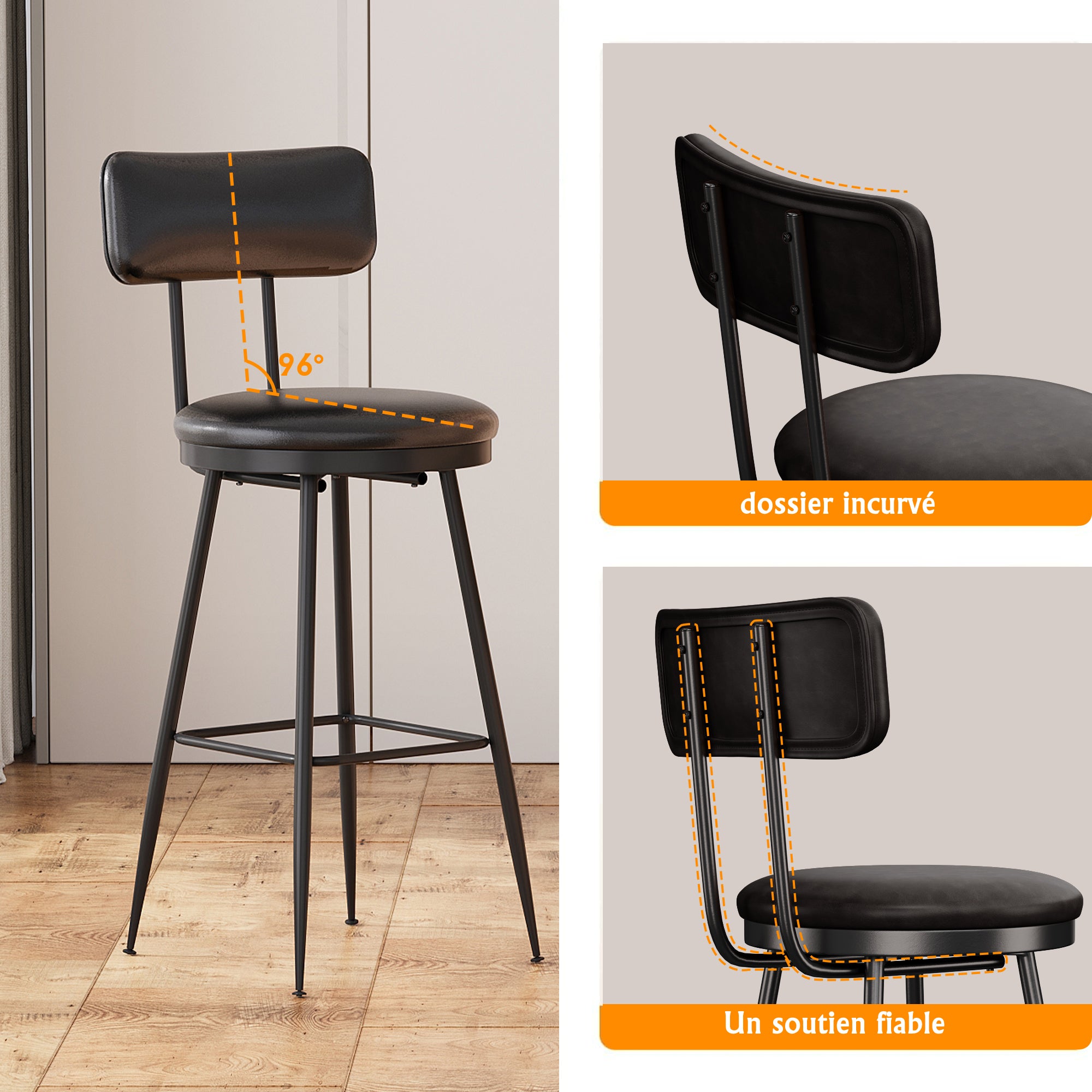 Tabouret de Bar,Lot de 2,Siège Rembourré,PU avec Coutures,Adapté pour Cuisine,Salle à Manger et Bar,Hauteur d'assise 65 cm,Noir - 7