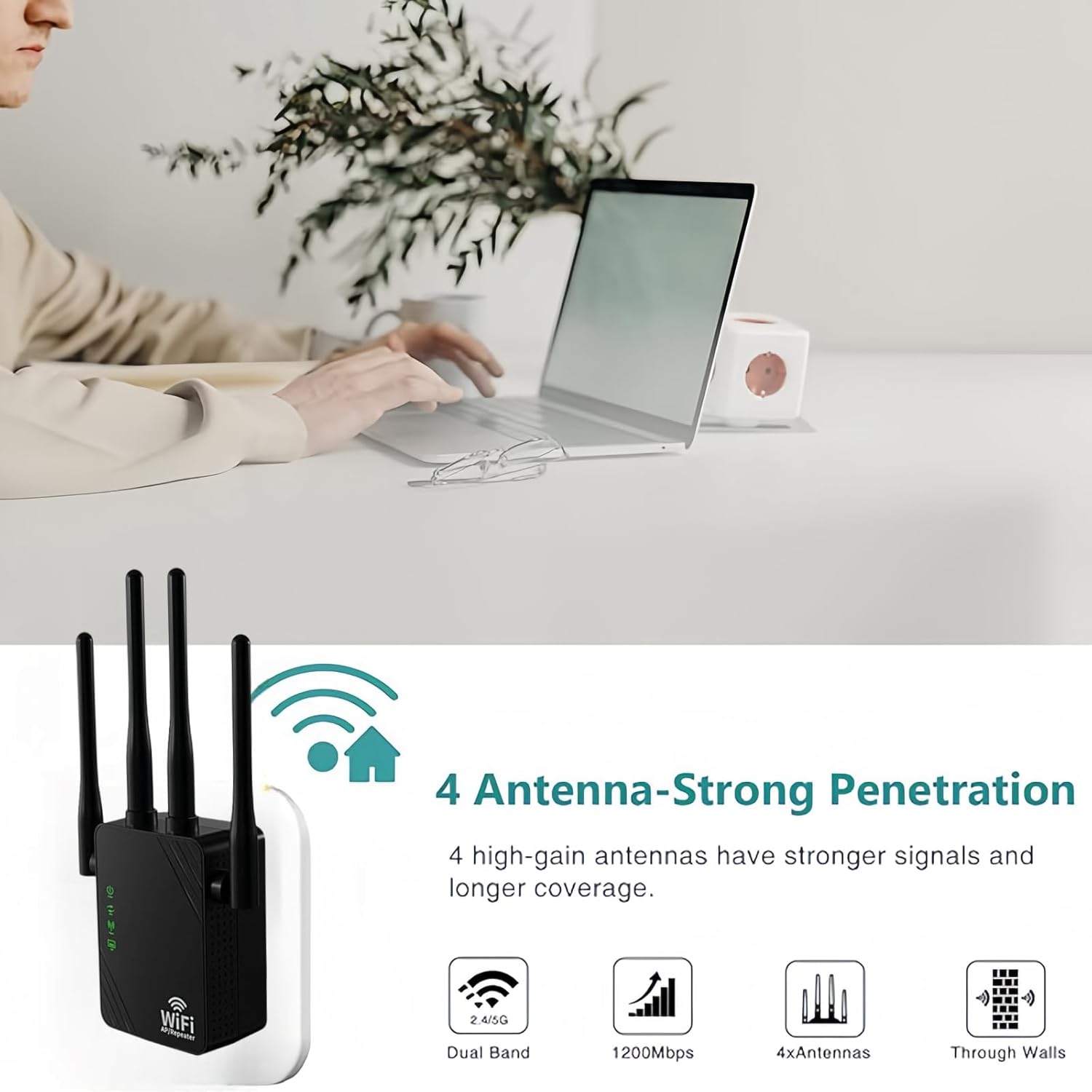 Répéteur WiFi Puissant 1200Mbps - Amplificateur WiFi Double Bande 5GHz/2.4GHz Avec 4 Antennes Et 2 Ports LAN