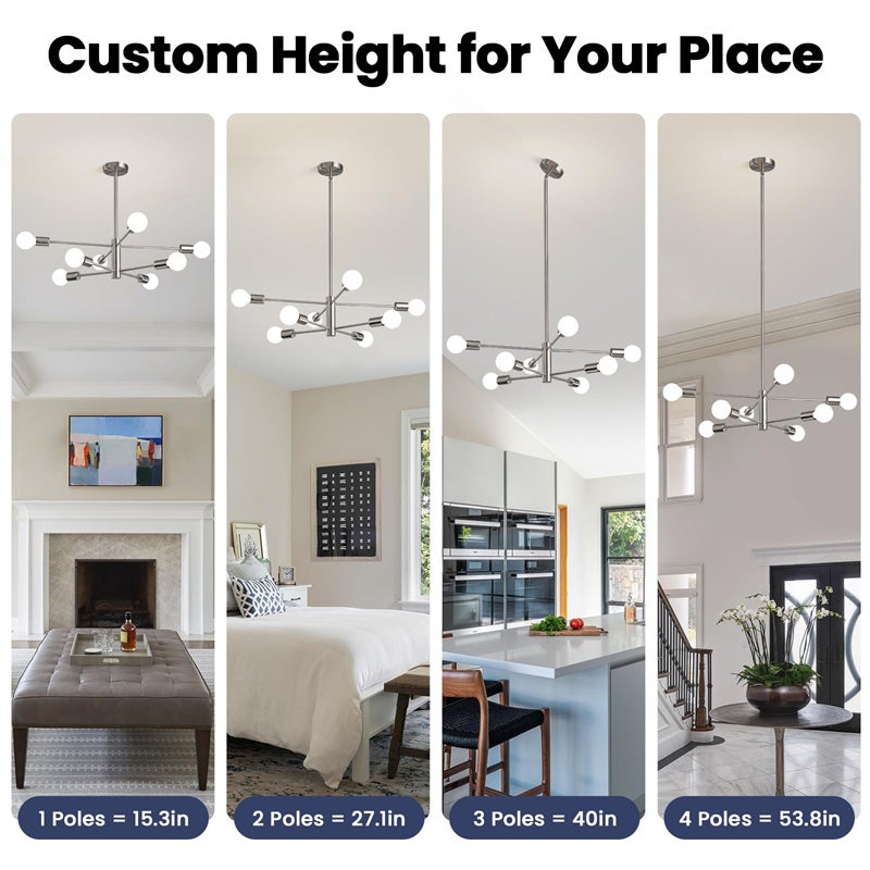 Nowoczesny żyrandol Sputnik,lampa sufitowa z połowy XX wieku z 8 źródłami światła i regulacją wysokości,do sypialni, salonu,żarówka nie jest dołączona - 3