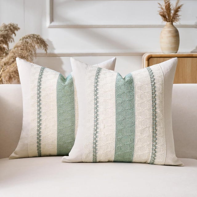 Housse Coussin 40x40 Vert Sauge Bohème Texturée à Rayures Tissées Décoratives Moderne Boho Housse de pour Maison Salon Chambre Décoration Lot de 2