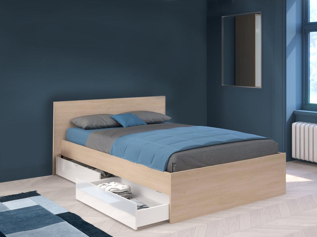 Łóżko z 2 szufladami 140 x 190 cm - Naturalny i biały z połyskiem - VELONA