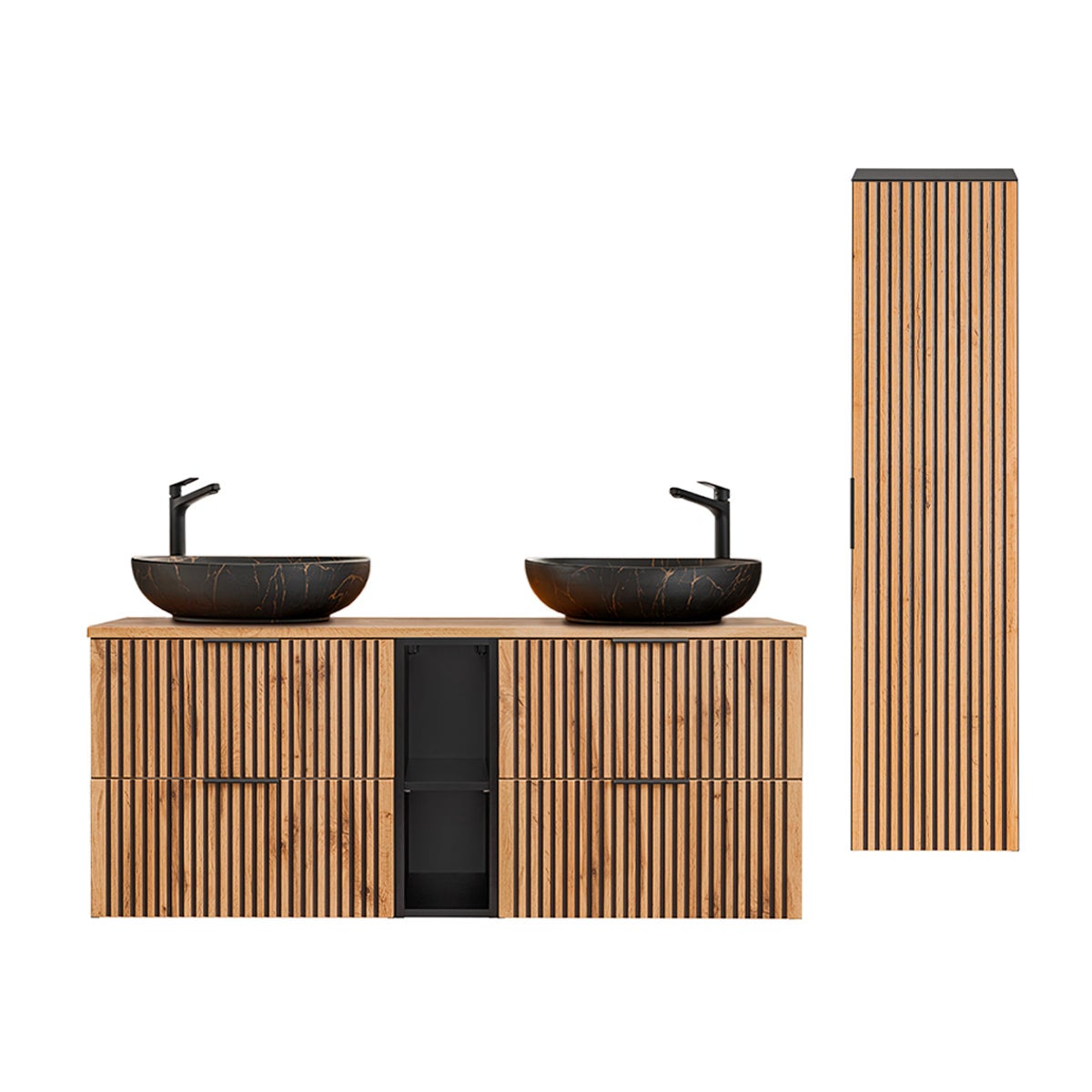 Ensemble meuble double vasque 140cm 2 niches et colonne Gaia Bois et Noir - Vasque Noir - 2