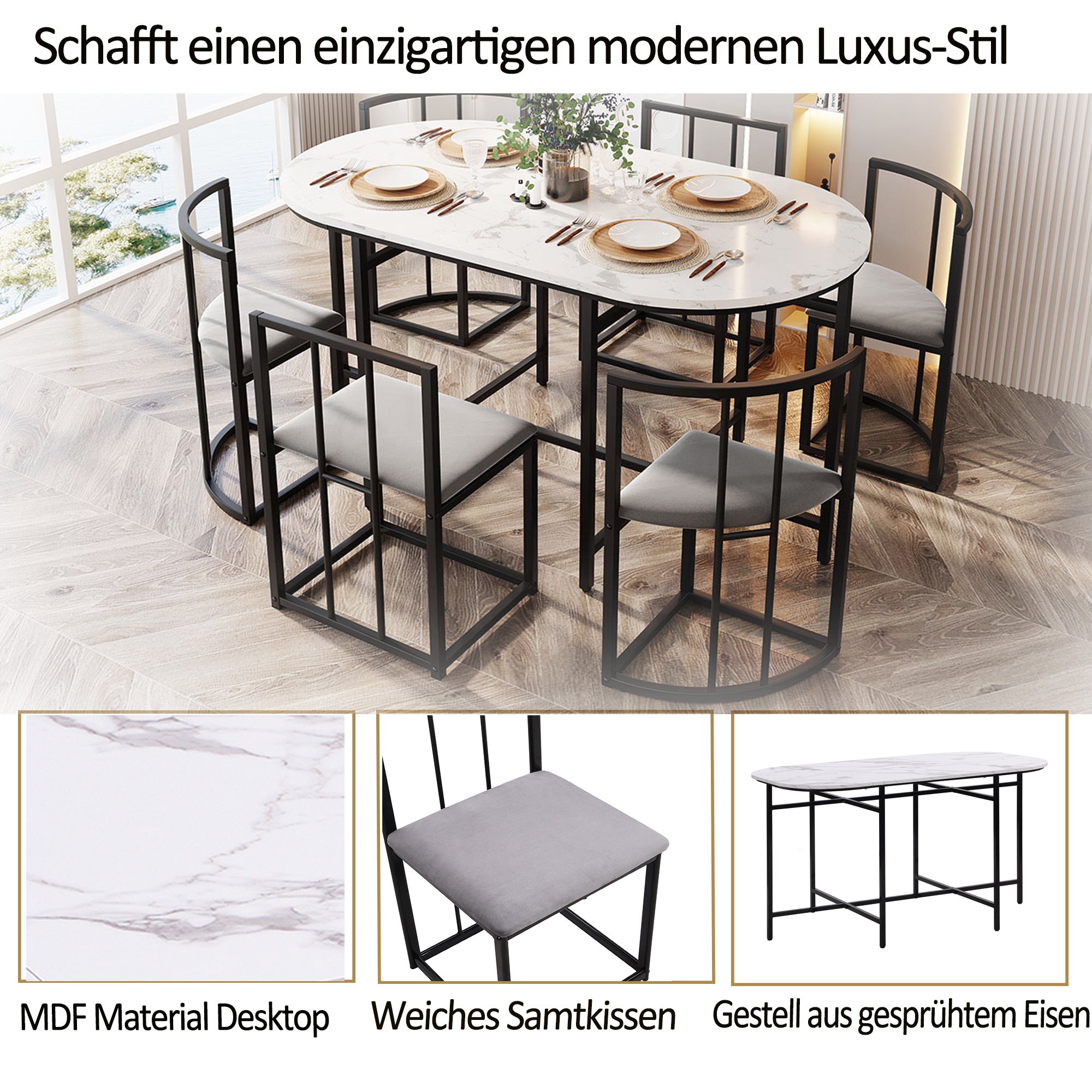 Set tavolo da pranzo con 6 sedie - 140 x 80 x 76 cm - MDF e gambe in metallo nero - Effetto marmo - Bianco + grigio - 9