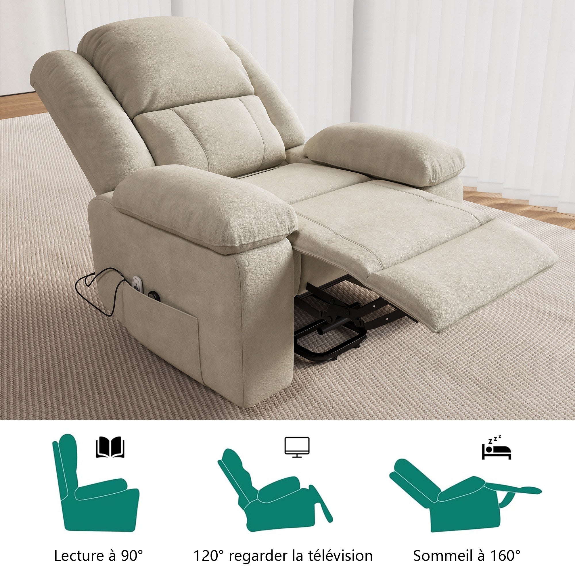 Fauteuil Électrique Releveur et Inclinable avec Fonction Massage - Chauffant 8 Points, Ports USB - Pour Seniors et Dégaine - Marron - 9