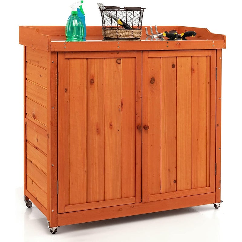 Drewniana szafka ogrodowa, szafka do przechowywania, drewniana szafka z wyjmowanym regałem, płyta stalowa, szafka na narzędzia, 98,5 x 48 x 100 cm