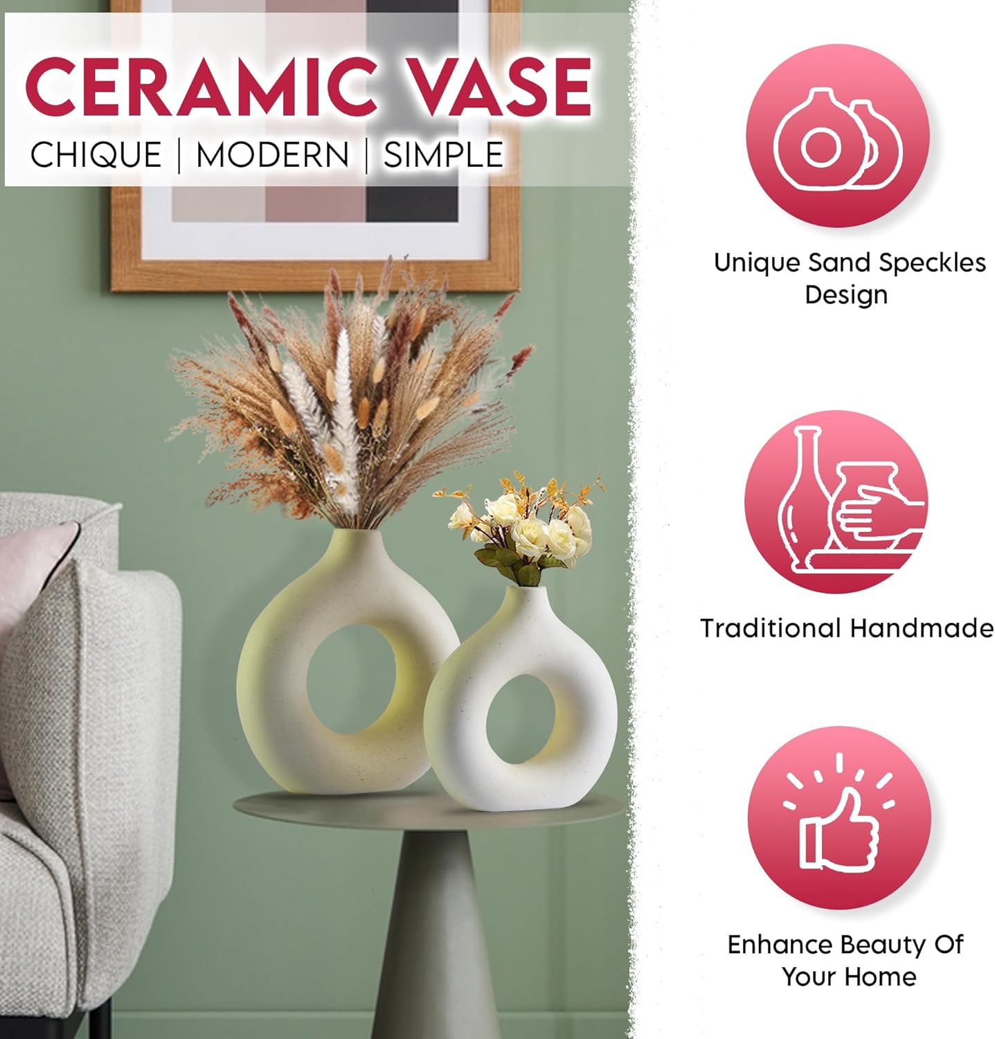 Lote de 2 jarrones redondos de cerámica color crema para hierba de la pampa, minimalistas, decoración de interiores - 3