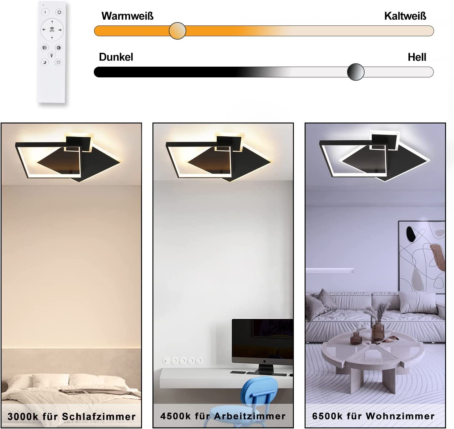 NETTLIFE Czarna lampa sufitowa LED ściemnialna 50W Nowoczesna lampa do salonu z pilotem Metal do jadalni, kuchni, sypialni - 6