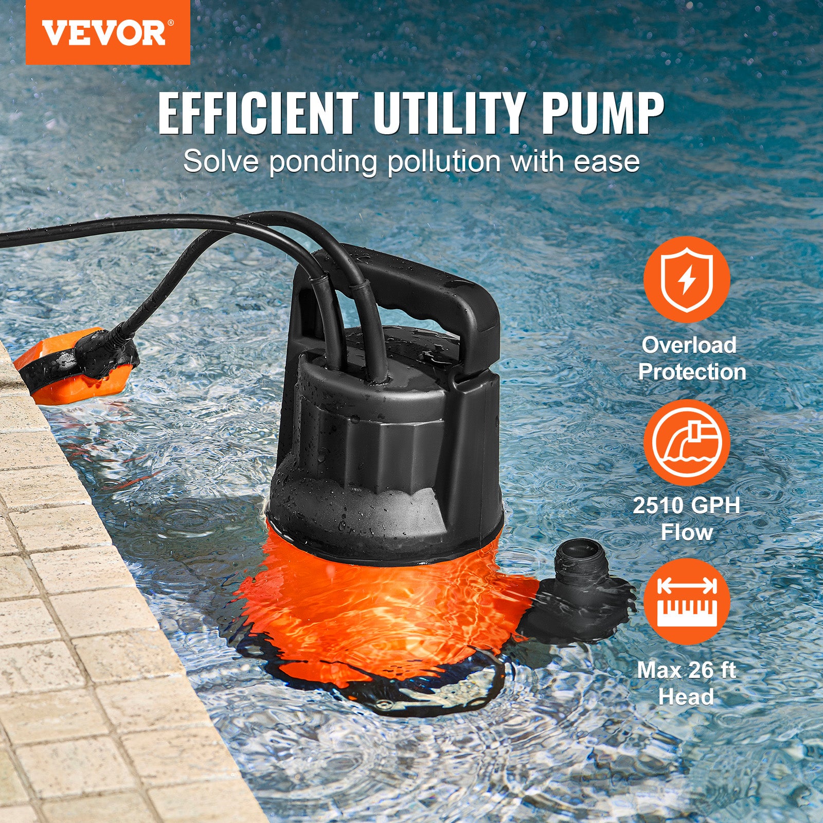 Pompe à eau submersible utilitaire,VEVOR 400 W,pompe de puisard,9500 L/H,hauteur de refoulement max. 7,9 m,câble d'alimentation de 3 m - 2