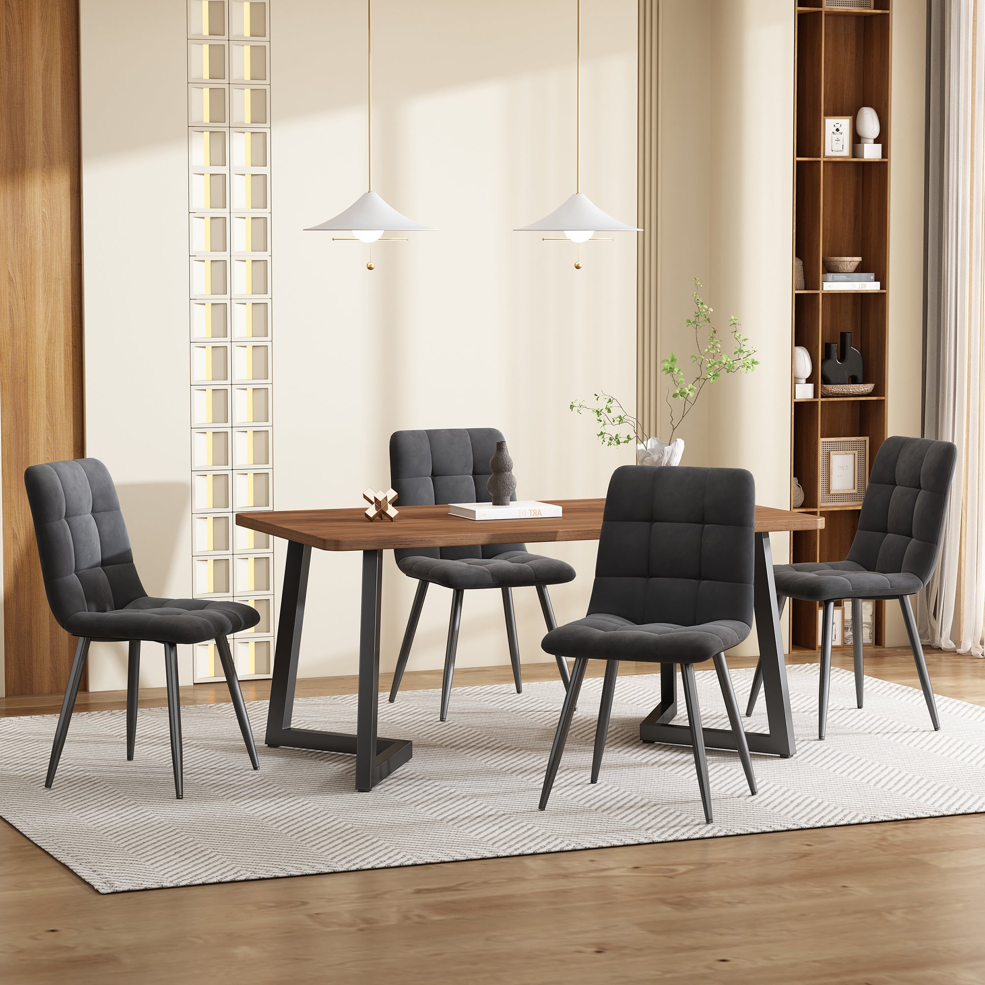 Zestaw stół jadalny + 4 krzesła welurowe - 140 x 80 x 75 cm - MDF i nogi metalowe - Ciemnoszary + orzech