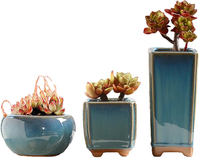 Zestaw 3 doniczek ceramicznych, szkliwionych, na kaktusy i mini bonsai, do dekoracji domu i biura (rośliny nie są dołączone).