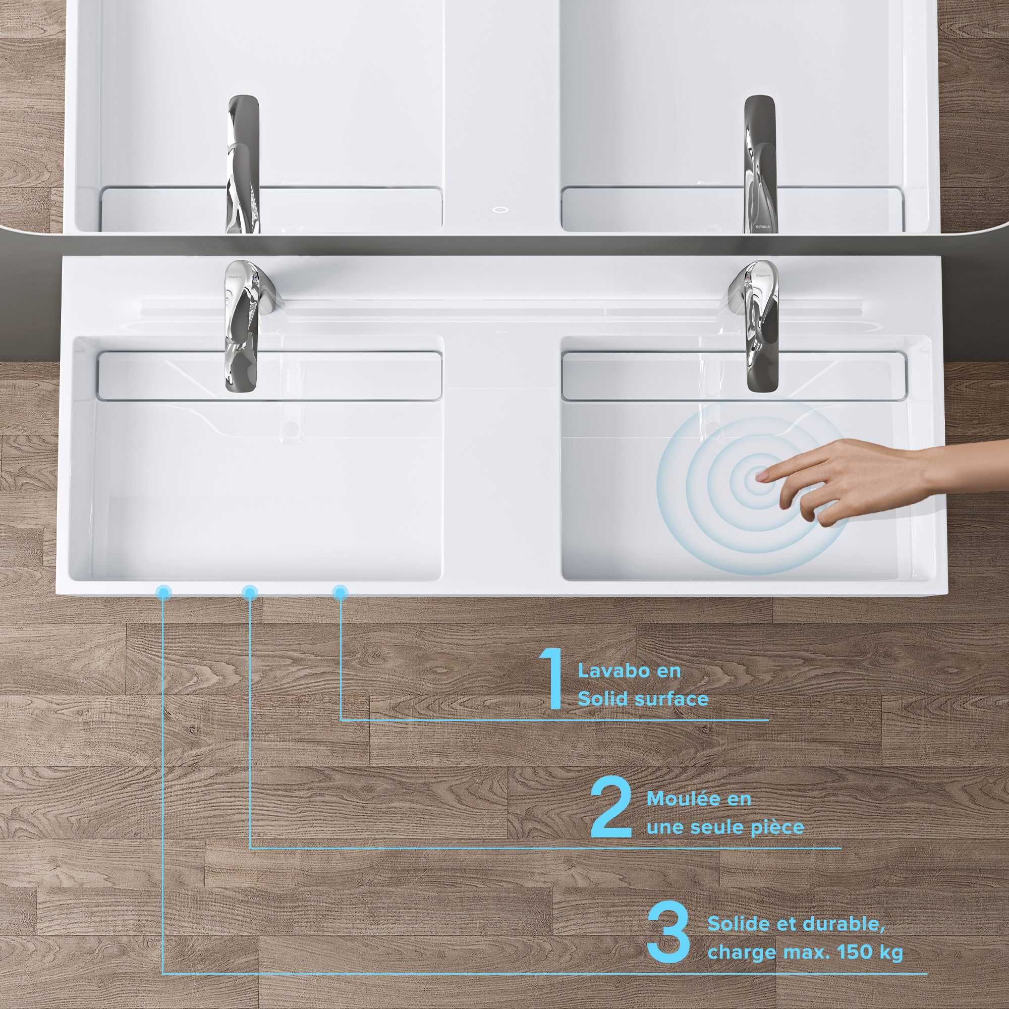doporro Double Lavabo Suspendu Blanc 120cm Double Vasque à Poser Lave Mains Rectangulaire de Qualité pour Salle de Bain 120x48x13cm Colossum12 - 2
