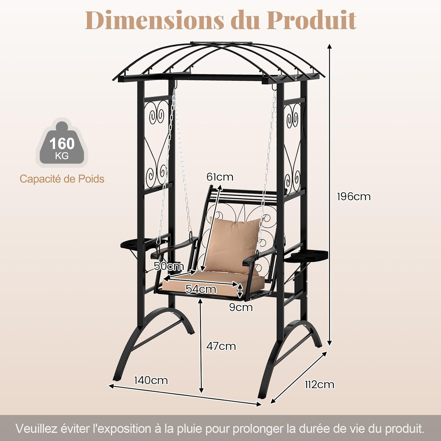 Balancelle d’Extérieur avec Support et 2 Treillis pour Adultes, Chaise de Balcon avec Coussins Amovibles et Tables Latérales pour Jardin, Balcon - 5