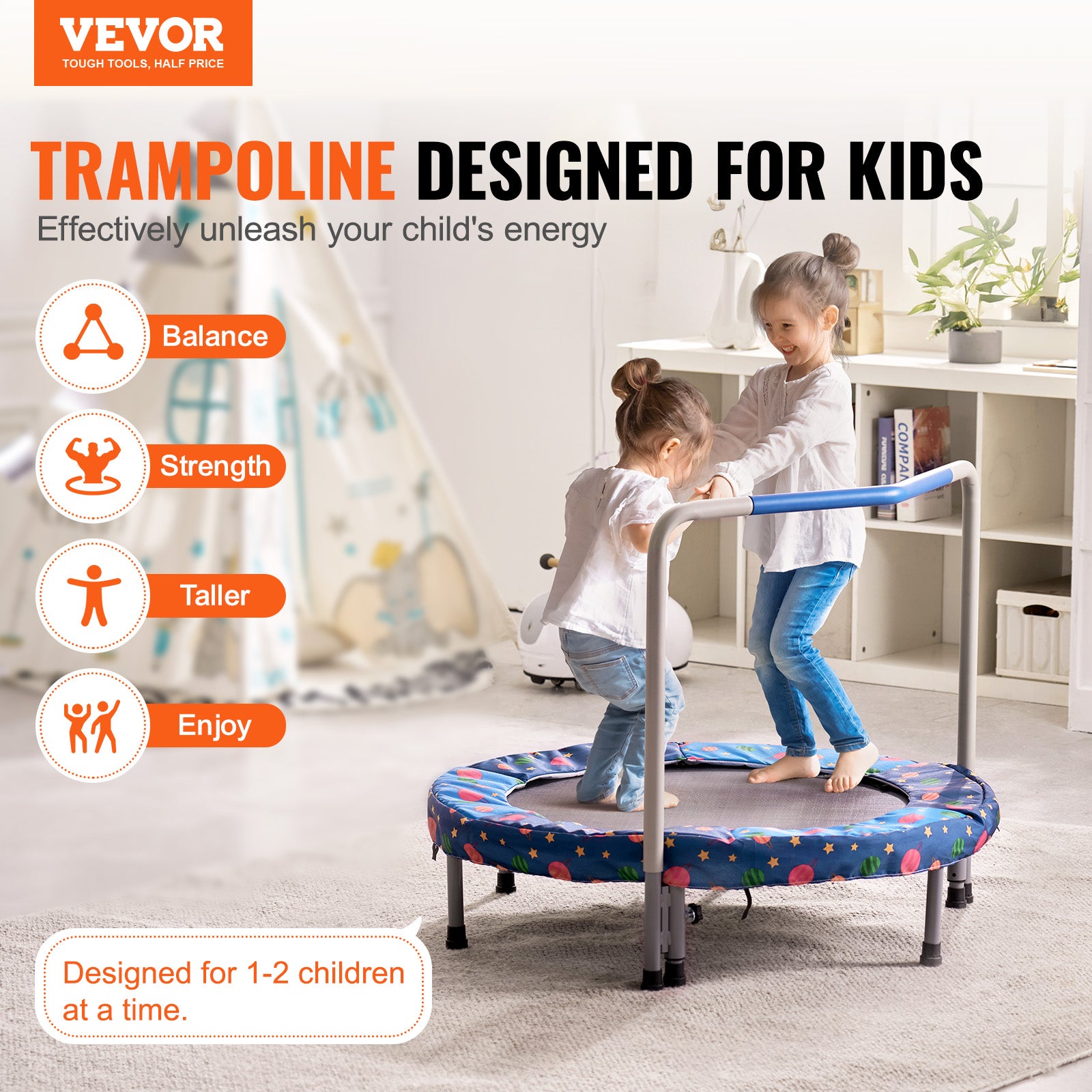 VEVOR Mini Trampoline Enfant Pliable – 95x75 Cm, Avec Poignée, Rebond Silencieux, Charge 100 Kg – Pour 3 Ans Et + – Rose