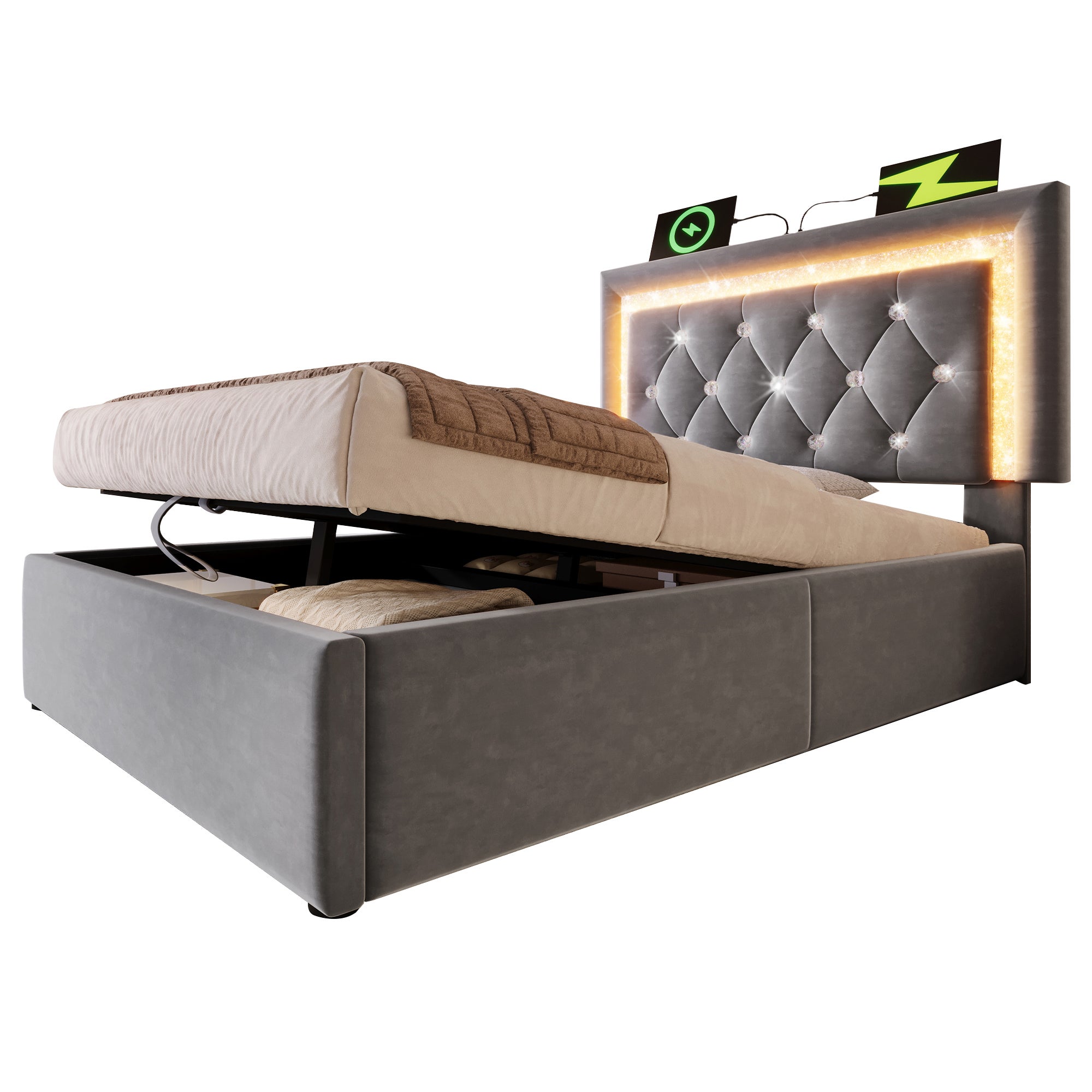Łóżko z pojemnikiem na pościel 90 x 200 cm i zagłówkiem - Tkanina aksamitna - Diody LED - Porty USB i typu C - Szare (Materac nie jest dołączony) - 6