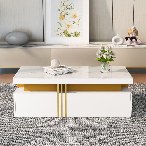 Table basse rectangulaire 100x50x40 cm avec 2 tiroirs, espace de rangement, en MDF, blanche - 6