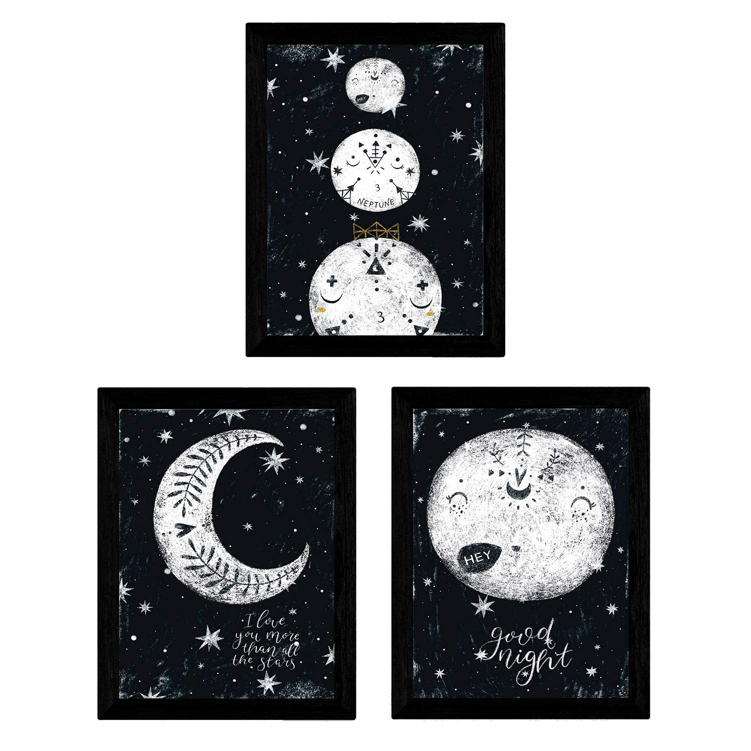 Set de 3 láminas de lunas planetas y estrellas sin marco - a4