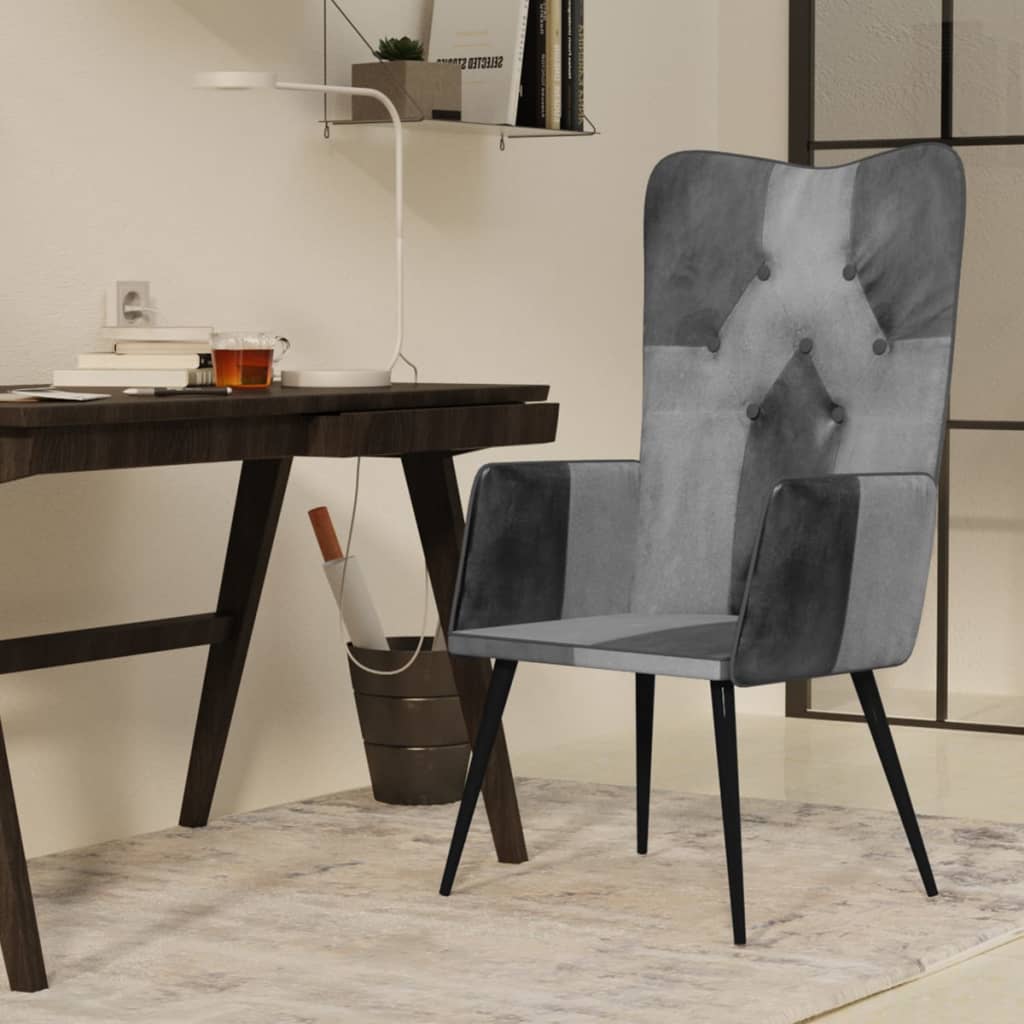 Sillón de salón | silla | sillón orejero de cuero auténtico gris canela cfw555330