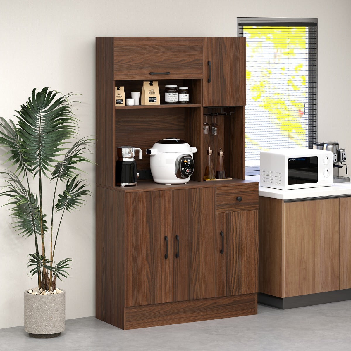 Mueble cocina con cajón estantes regulables soporte copas 90x39x167cm nogal