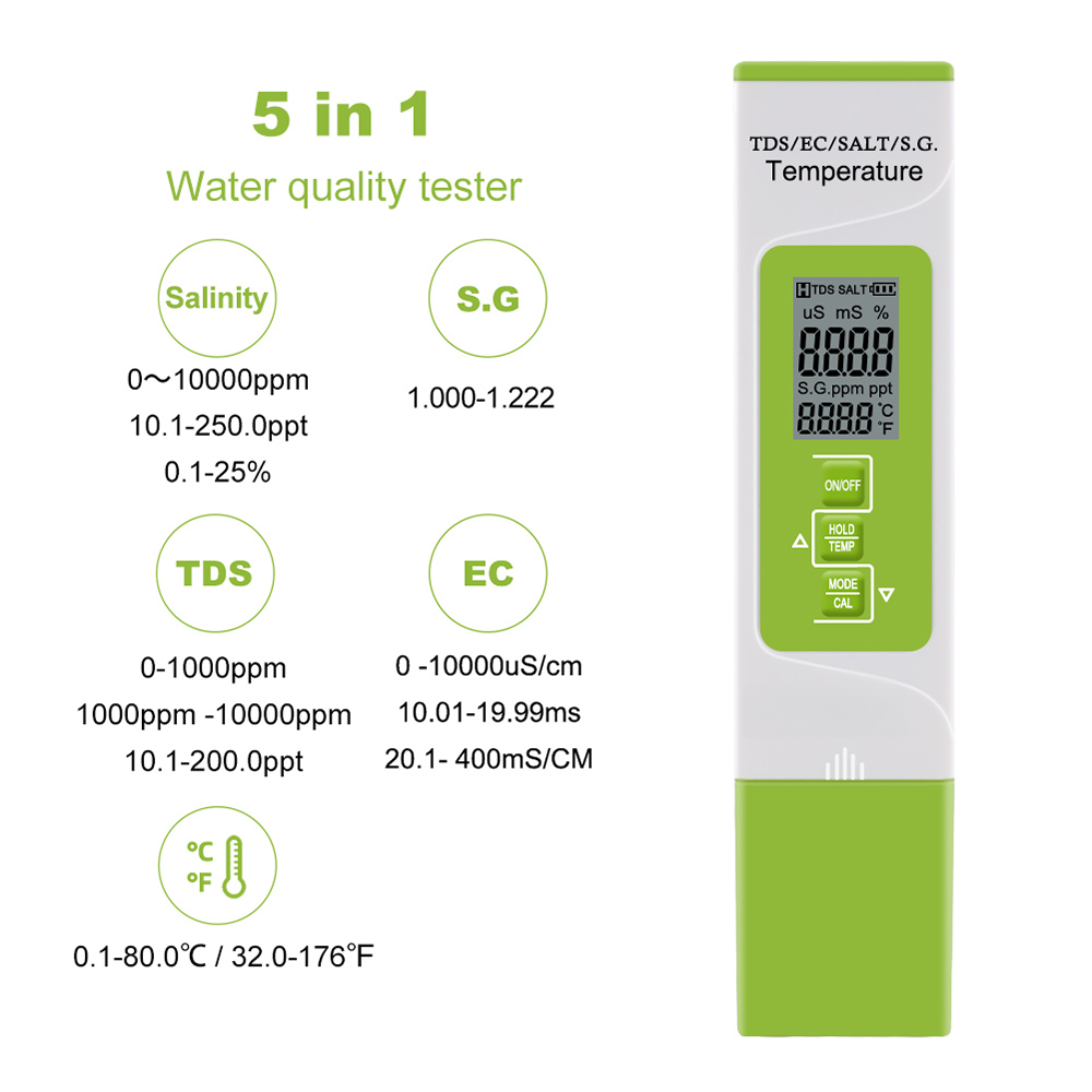 5 in 1 TDS/EC/SALT/S.G./température appareil de mesure numérique eau Quality moniteur testeur pour Pools Drinking eau Aquariums (battery not included) - 7
