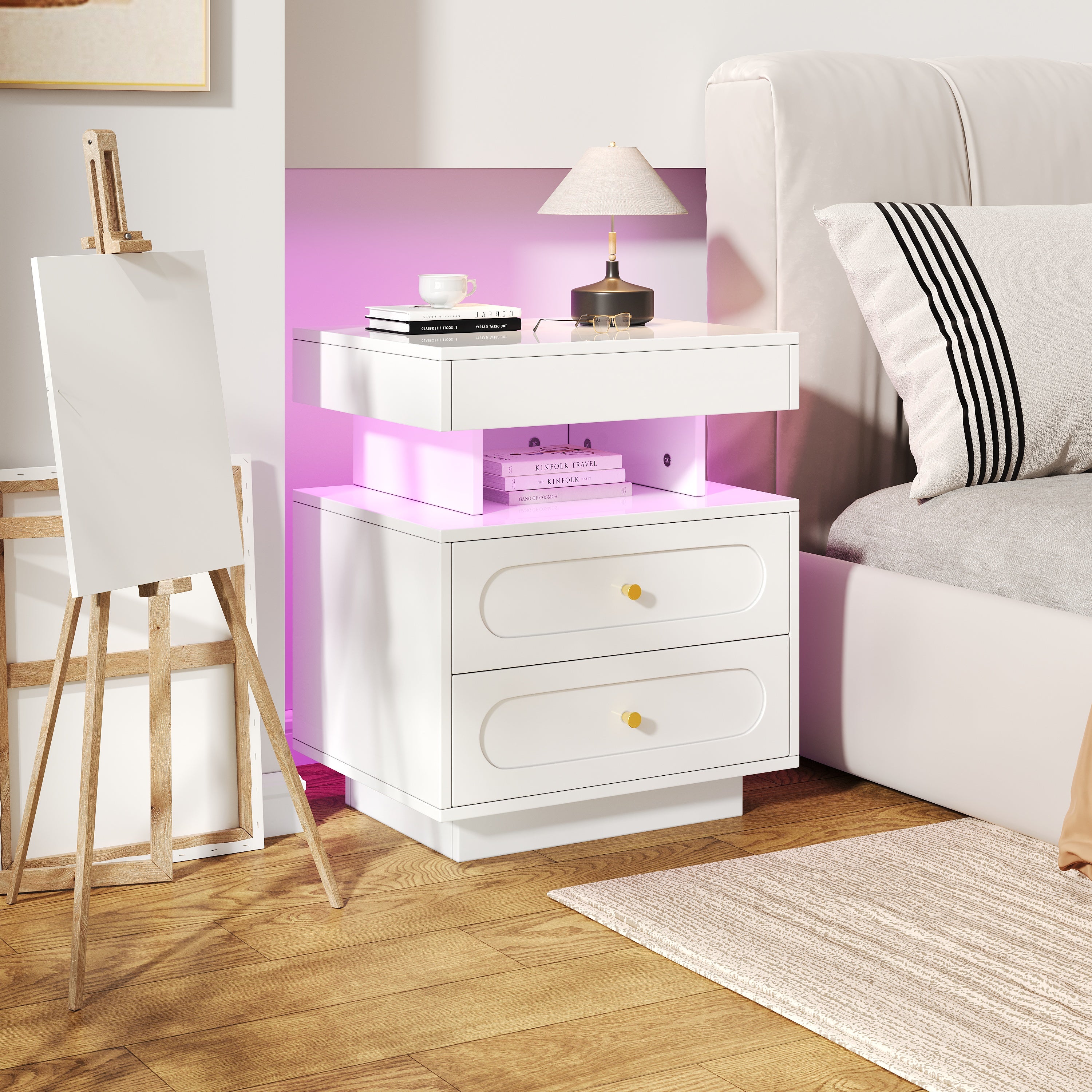 Stolik nocny 50x40x60 cm - z oświetleniem LED - z 2 szufladami i 1 otwartą przestrzenią przechowawczą - Biały - 7