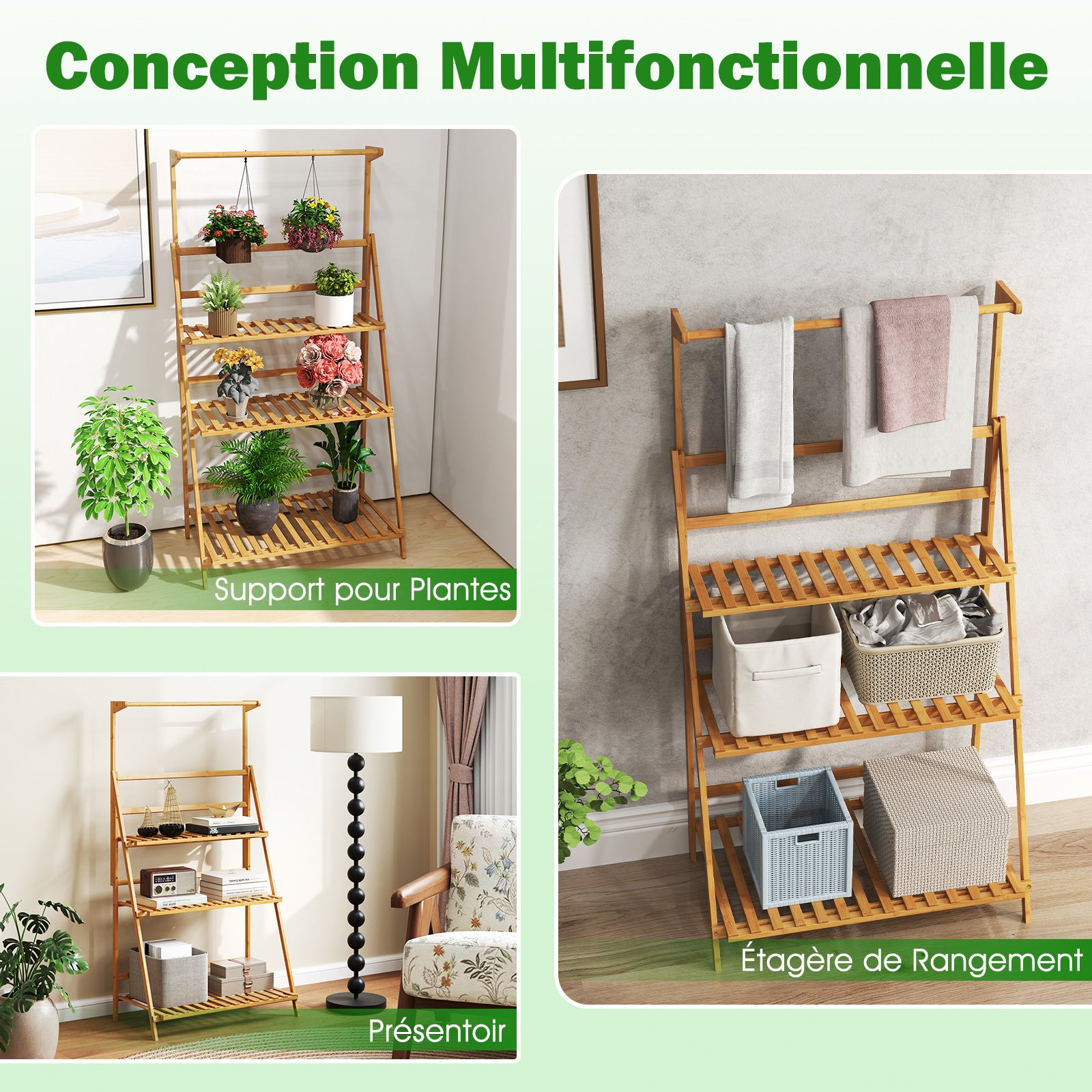 Etagère de jardin pliables à 3 niveaux de rangement, Support Plantes Interieur, 71×40×120-144 cm, bambou brut - 7