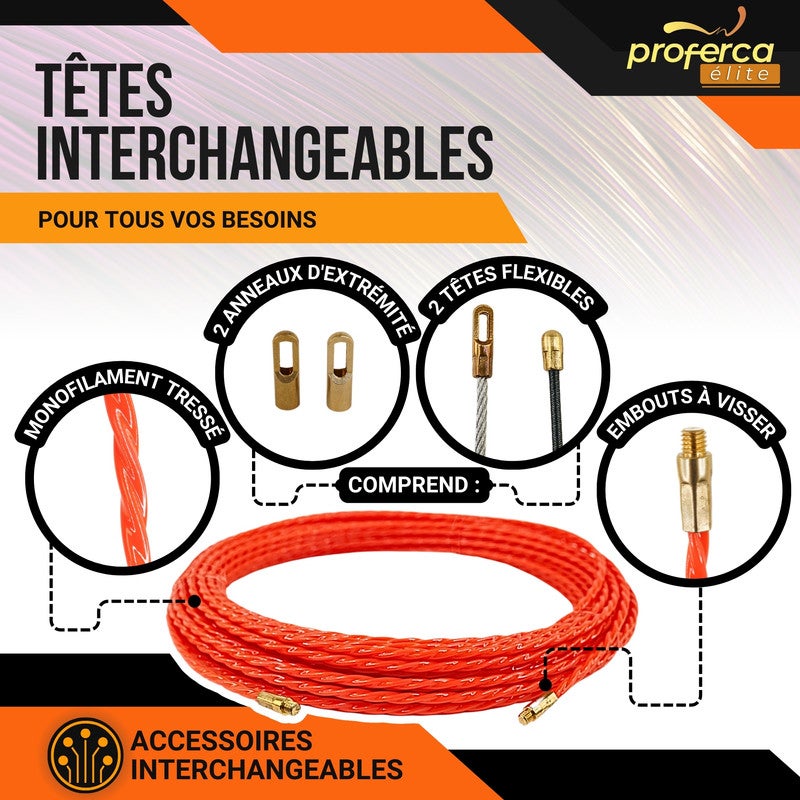 Aiguille Electricien | Guide Passe-câbles Professionnel de 4,5 mm et 20 Mètres en Polyester Tressé avec Embouts Interchangeables - 6