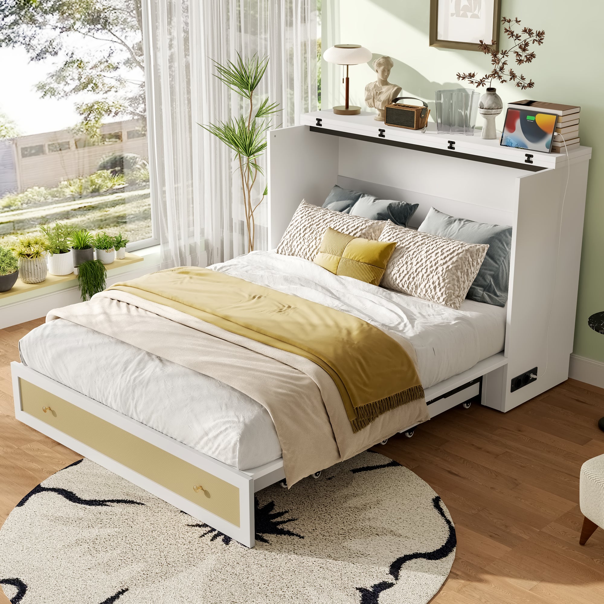 Lit escamotable, 140 x 200, Lit escamotable mobile avec tiroirs en bout de lit et étagère en tête de lit, avec prise USB et prise de courant, Lit plat - 5