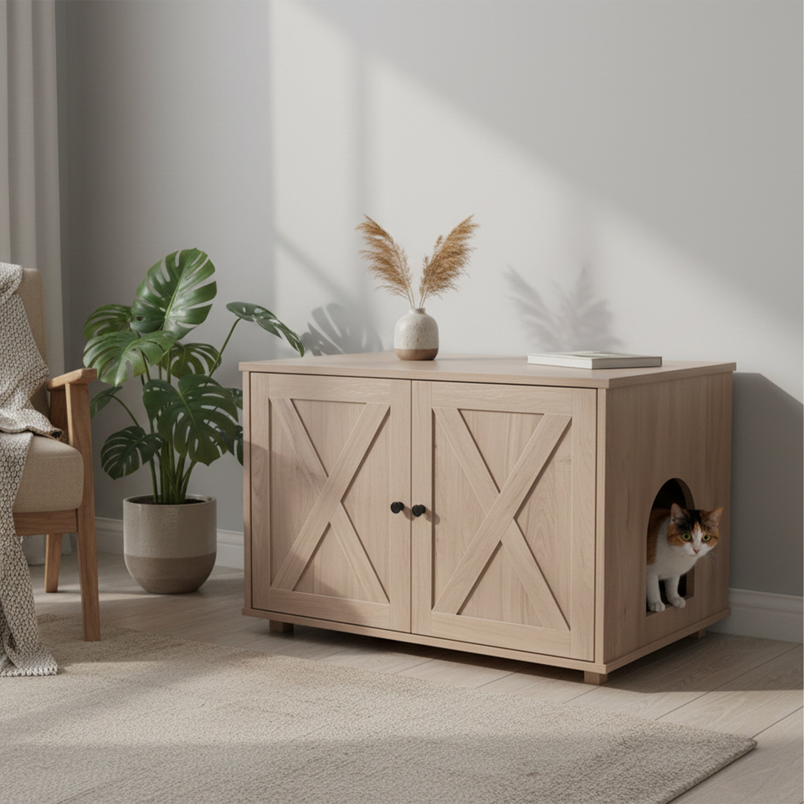 Armário para caixa de areia para gatos em MDF, na cor cinzento-claro, com divisória amovível e entrada lateral, 50 x 80 x 53 cm, Relaxdays - 2