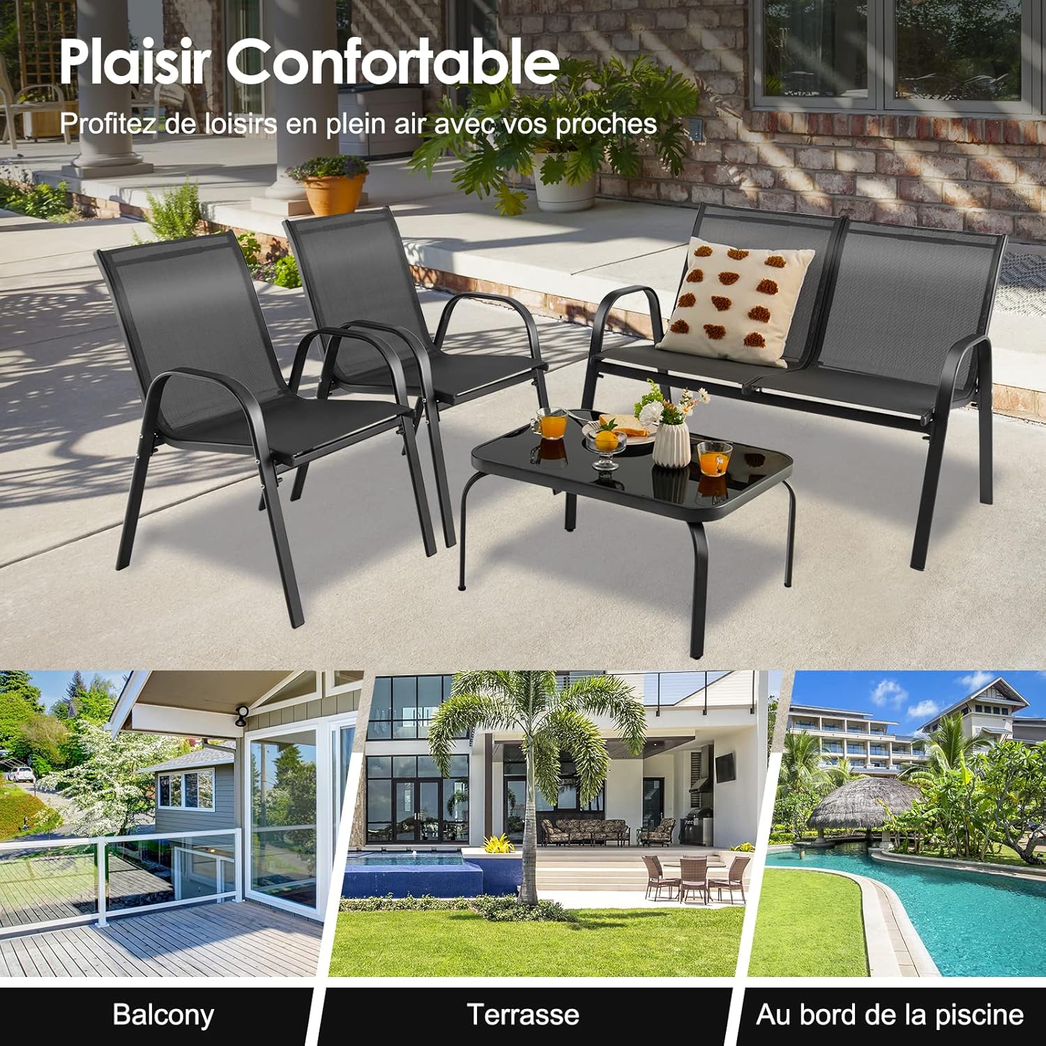 4 Pcs Ensemble de Meubles de Jardin avec 3 Chaises en Textilene, Lot de 4 Salon de Jardin 4 Personnes avec Table Basse,pour Jardin,Terrasse - 2
