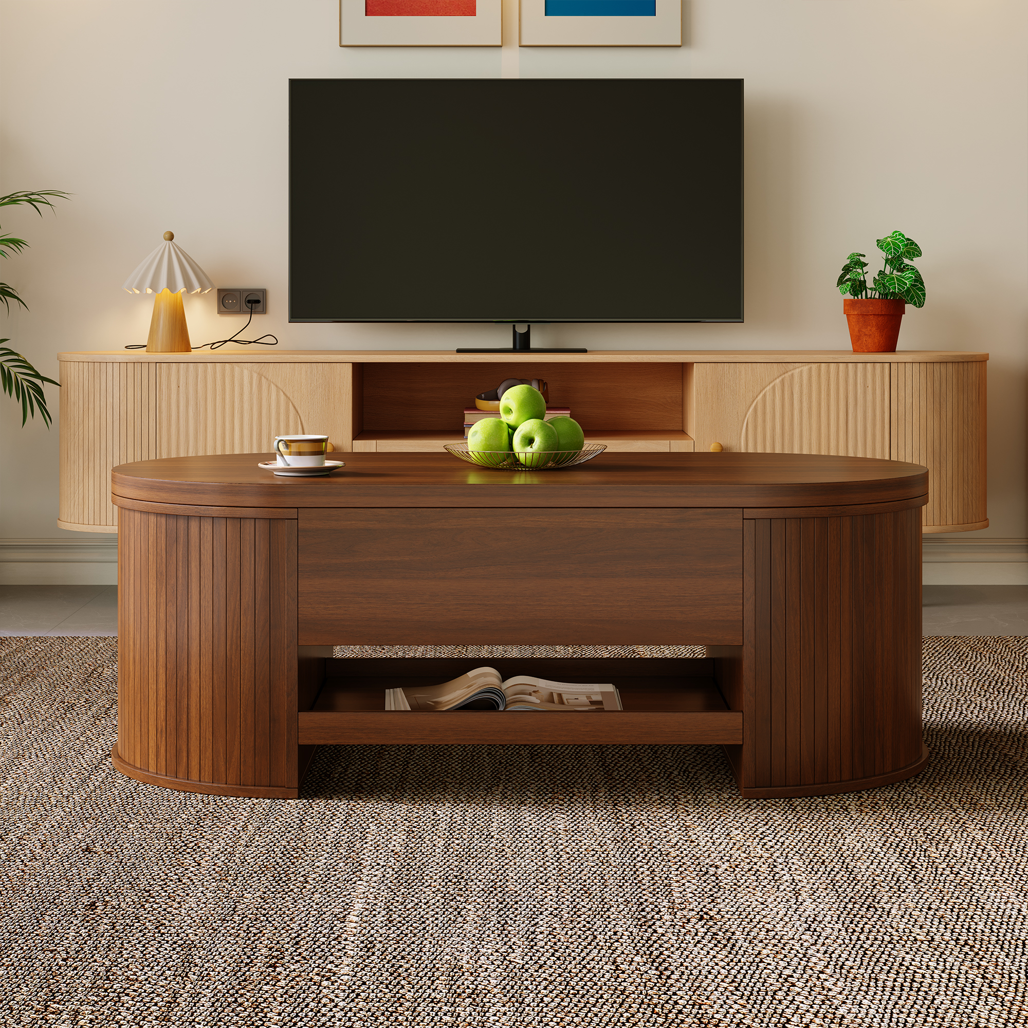 Table basse relevable 110x55.5x40 cm - côtés incurvés - 1 tiroir - MDF - Marron - 2