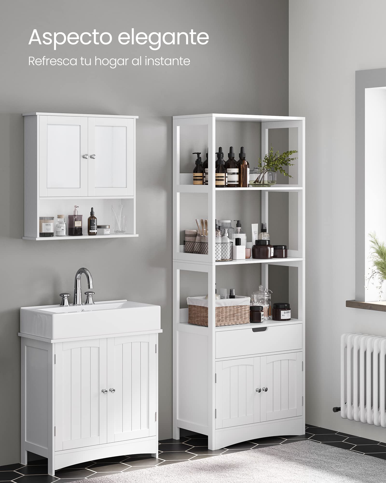 Meuble De Salle De Bain Avec 3 Compartiments Ouverts, 1 Tiroir, 1 Placard, 60 x 32,5 x 154 cm - 7