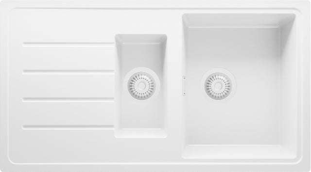 Evier Cuisine en Granit Tout Blanc 90x50cm, Lavabo 1,5 bacs + Kit de Vidage, Évier à Encastrer au meuble 60cm - Copenhague Duo PRIMAGRAN