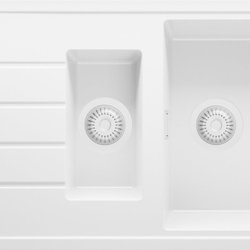 Zlewozmywak Cały Biały 90x50cm, Zlew Kuchenny 1,5 Komorowy + Syfon, Nablatowy do szafki od 60cm - Kopenhaga Duo PRIMAGRAN